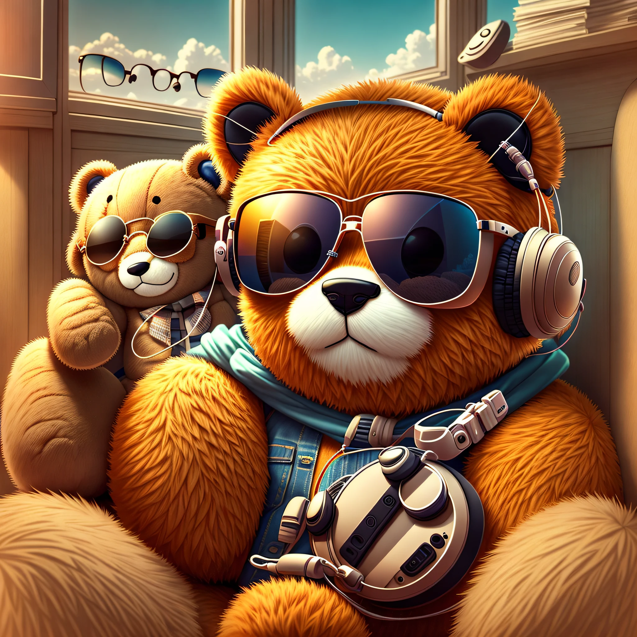 Teddy Bear with sunglasses and headphones, looking very stylish. --auto --s2