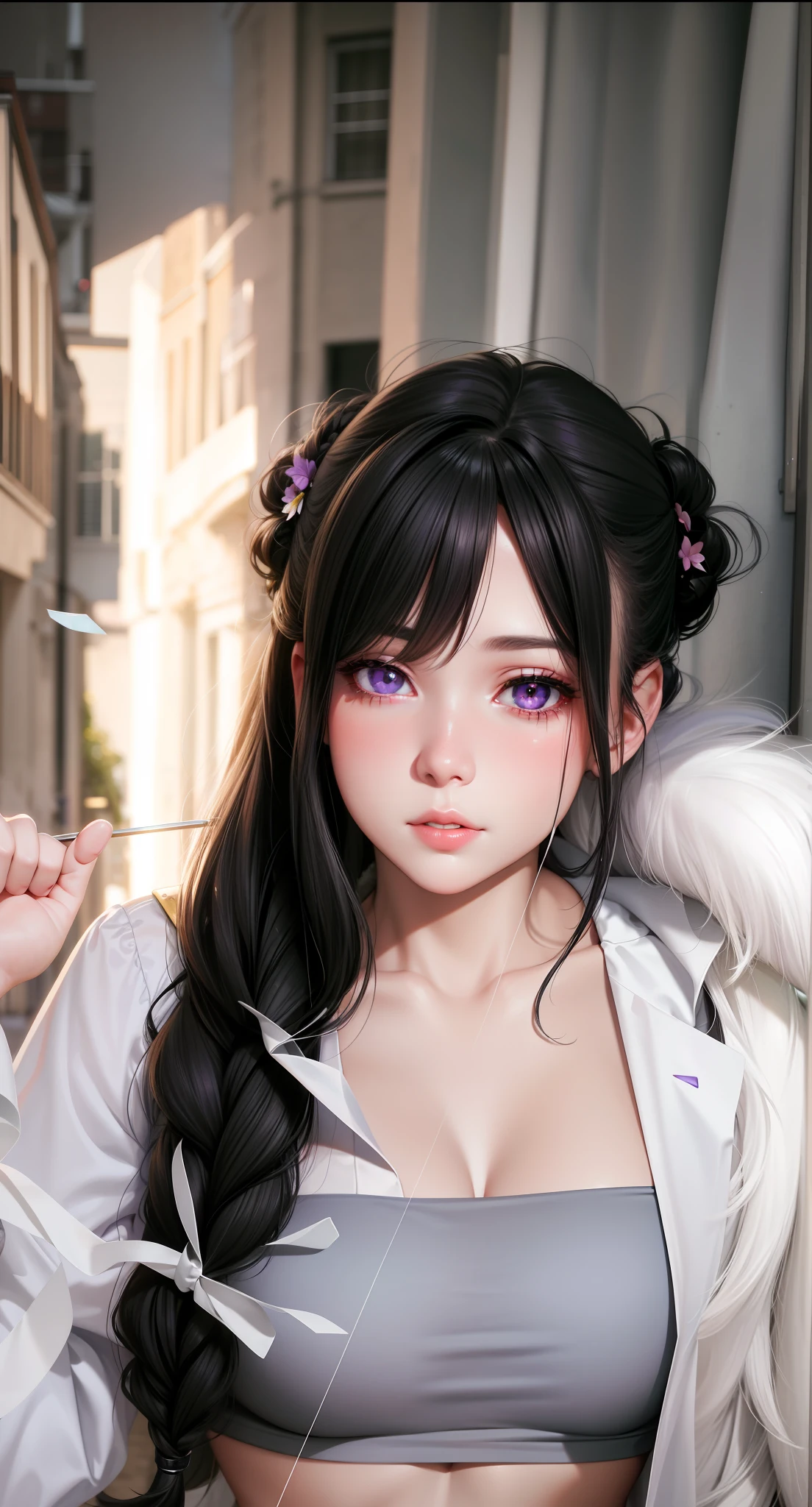 realistic, 1girl, white hair, purple eyes, glowing eyes, crop top, skirt, parted lips, blush, night, flowers, sun, sunlight,