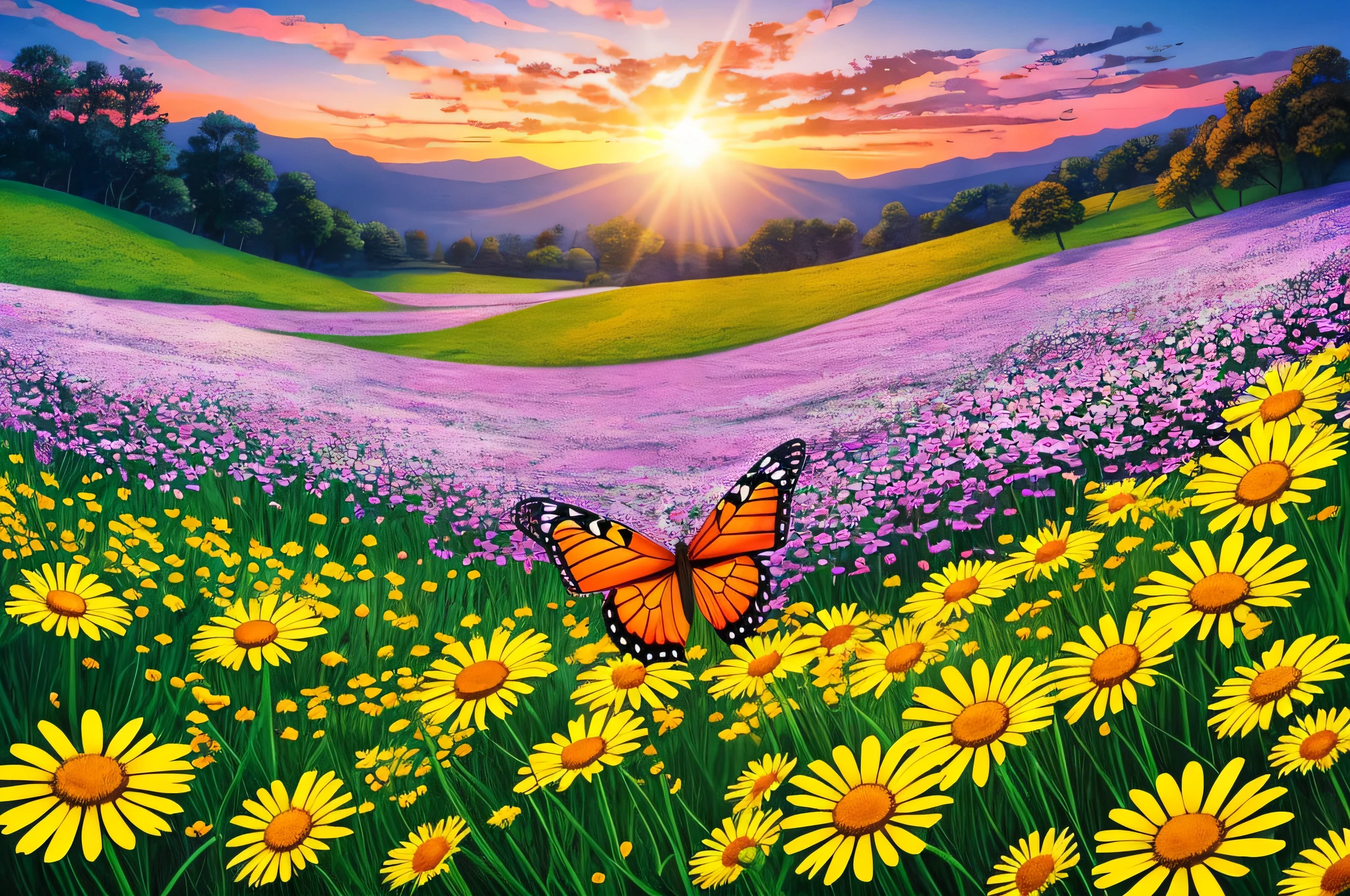 araffe butterfly on a flower in the sun, at sunrise in springtime, butterflies and sunrays, springtime morning, flowers and butterflies, bright sunny summer day, the brilliant dawn on the meadow, chamomile, canvas print, sunny meadow, harmony of butterfly, spring early morning, beautiful nature, warm beautiful scene, field of flowers background, beautiful sunny day, floral sunset --auto --s2
