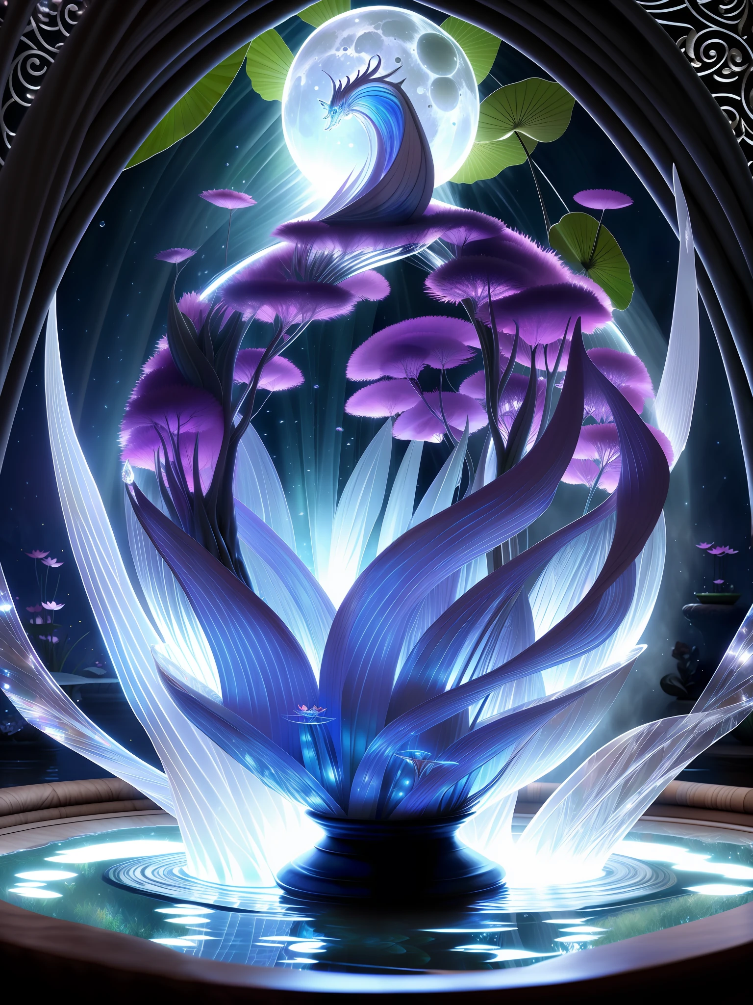 Midway style, dreamlike, 3d rendering of huge full moon, flowing crystal butterfly, swirling transparent magic halo, many lotus flowers by the lake, beautiful and exquisite glowing transparent sphere, flowing water magic, flowing tulle, (divine glory), crystal cup, crystal coffee table, table top potted plant, big red lantern, rotating flowing water willow leaves, butterfly, detailed painting Ruki, CG club competition champion, fantasy art
