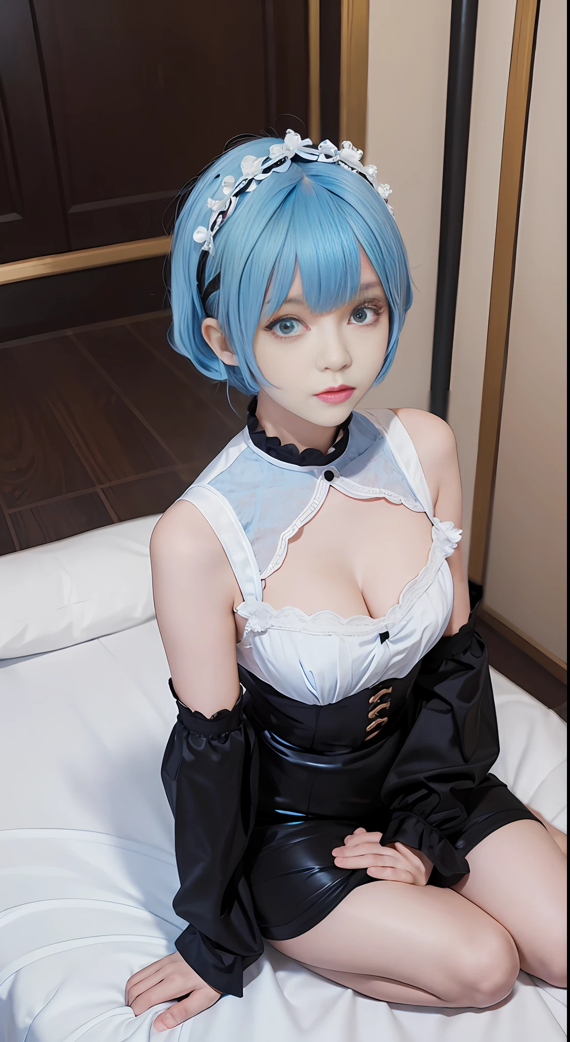 1 girl, maid outfit, short light blue hair, black outfit, palace, exposed shoulders, blue eyes, hairpins, full body, sitting, erlang legs, ((bangs combed on the right)))