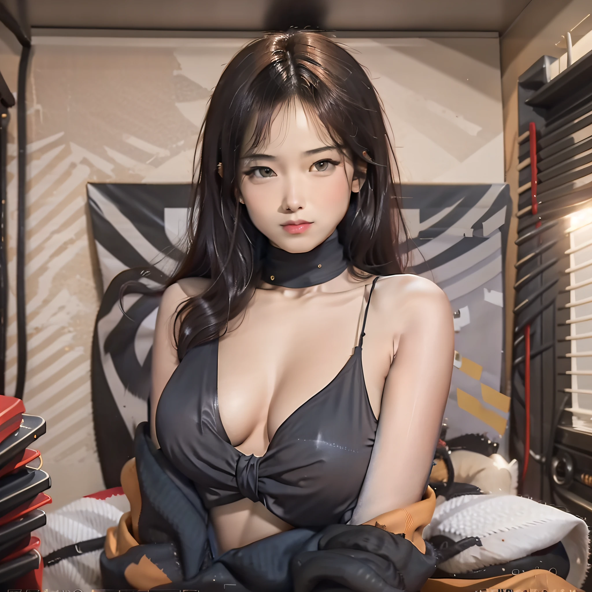 realistic, photorealistic,Warm lighting, NOISE OFFSET,1girl,upper body, facing straight, (looking at viewer), medium breasts, collarbone,cleavage,black (front-tie top),eyeshadow,parted lips, (1_pureerosface_v1:0.3),slim waist,