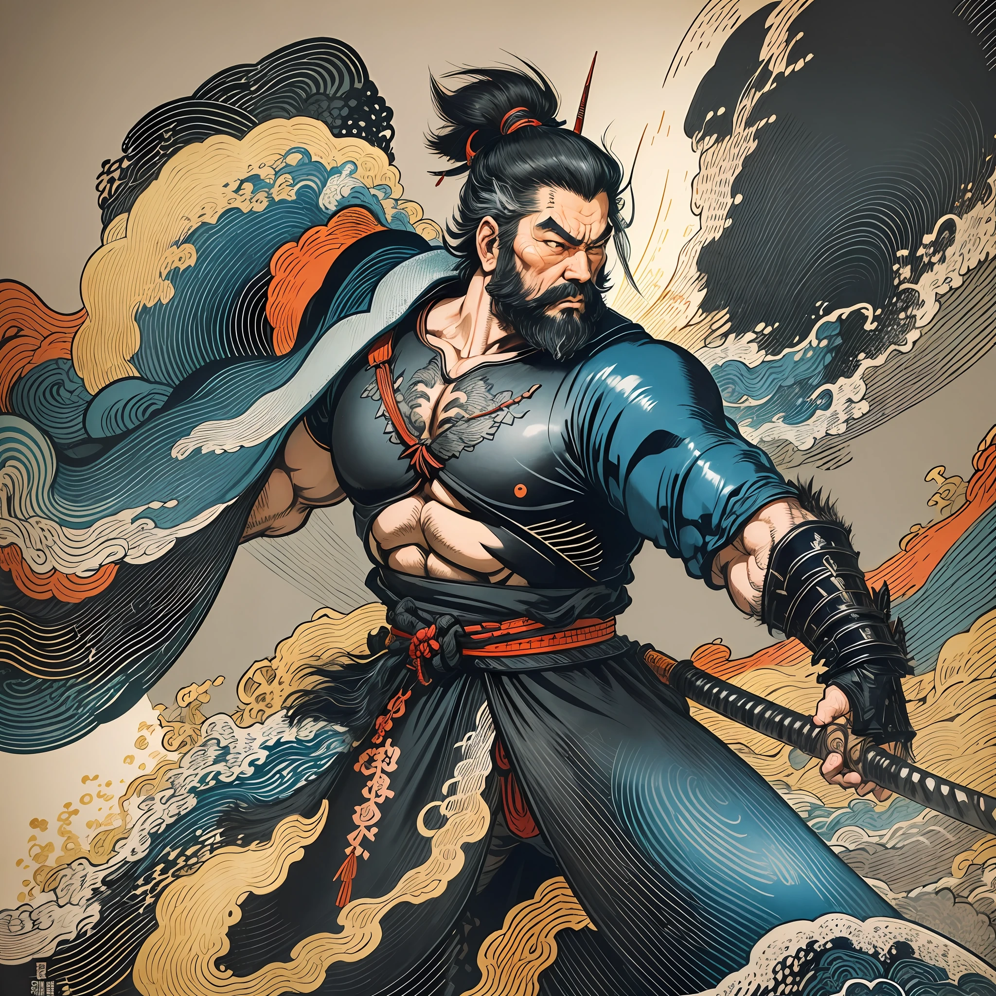 It is a full-body painting with natural colors with Katsushika Hokusai-style line drawings. The swordsman Miyamoto Musashi has a big body like a strongman. Samurai of Japan. With a dignified but manly expression of determination, he confronts evil spirits. He has black short hair and a short, trimmed beard. His upper body is covered in a black kimono and his hakama is knee-long. In his right hand he holds a Japan sword with a longer sword part. In the highest quality, masterpiece high resolution ukiyo-e style lightning and swirling flames. Among them, Miyamoto Musashi is standing with his back straight, facing the front.