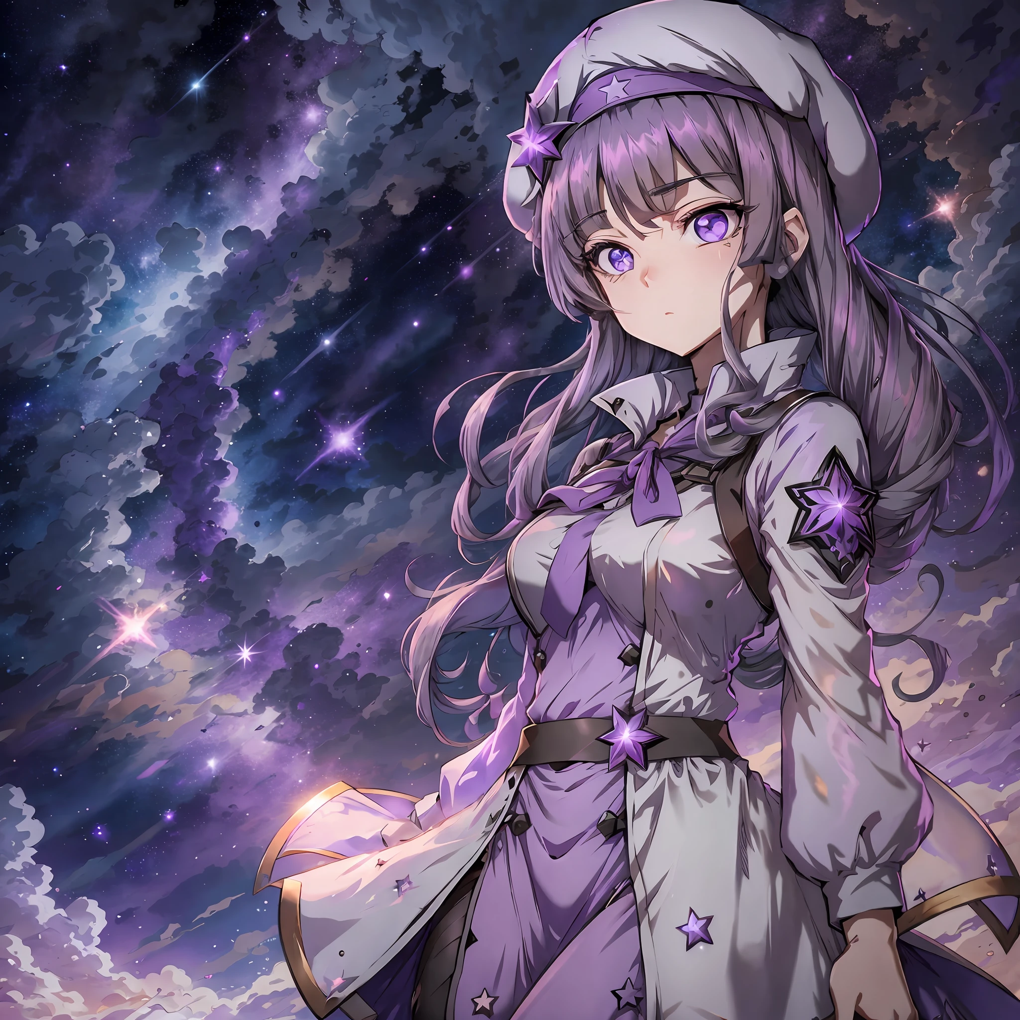 Best eye quality,8k eyes,purple eyes,gray hair,medium hair,Herta form Honkai star rail,purple beret,stars on the sky,purle dress,1 girl,anime --auto --s2