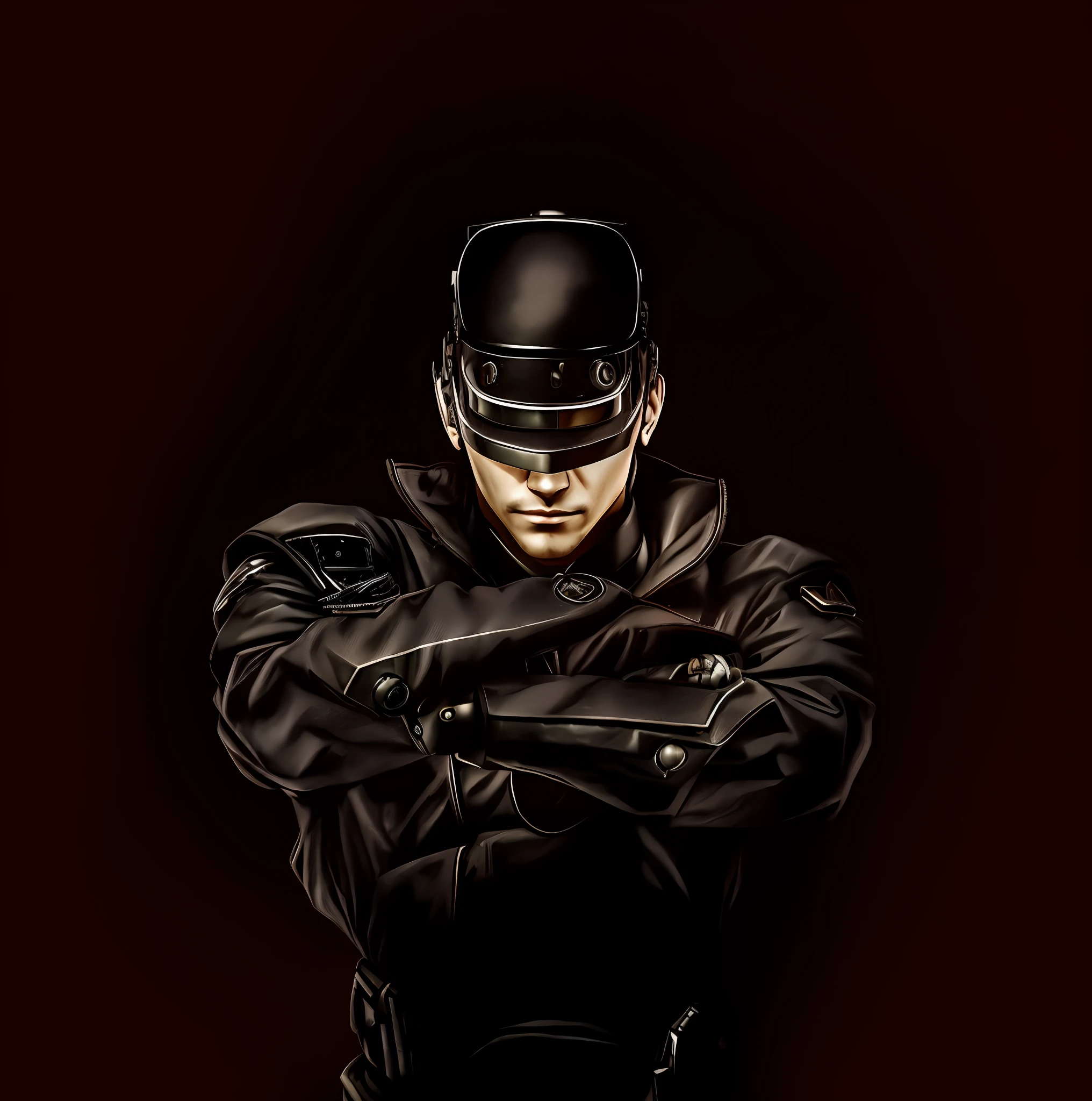 a close up of carlo from pubg in a suit with a red ribbon on eyes, cyborg male, a cyborg, cyborg, symmetry!! portrait of cyborg, japanese cyborg, cyclops, ( ( robot cyborgs ) ), movie still of a cool cyborg, portrait of cyborg, cyborg criminal, cyborg ninja, cyborg fashion shot, cyberpunk hero, anime cyborg, cyborg dc