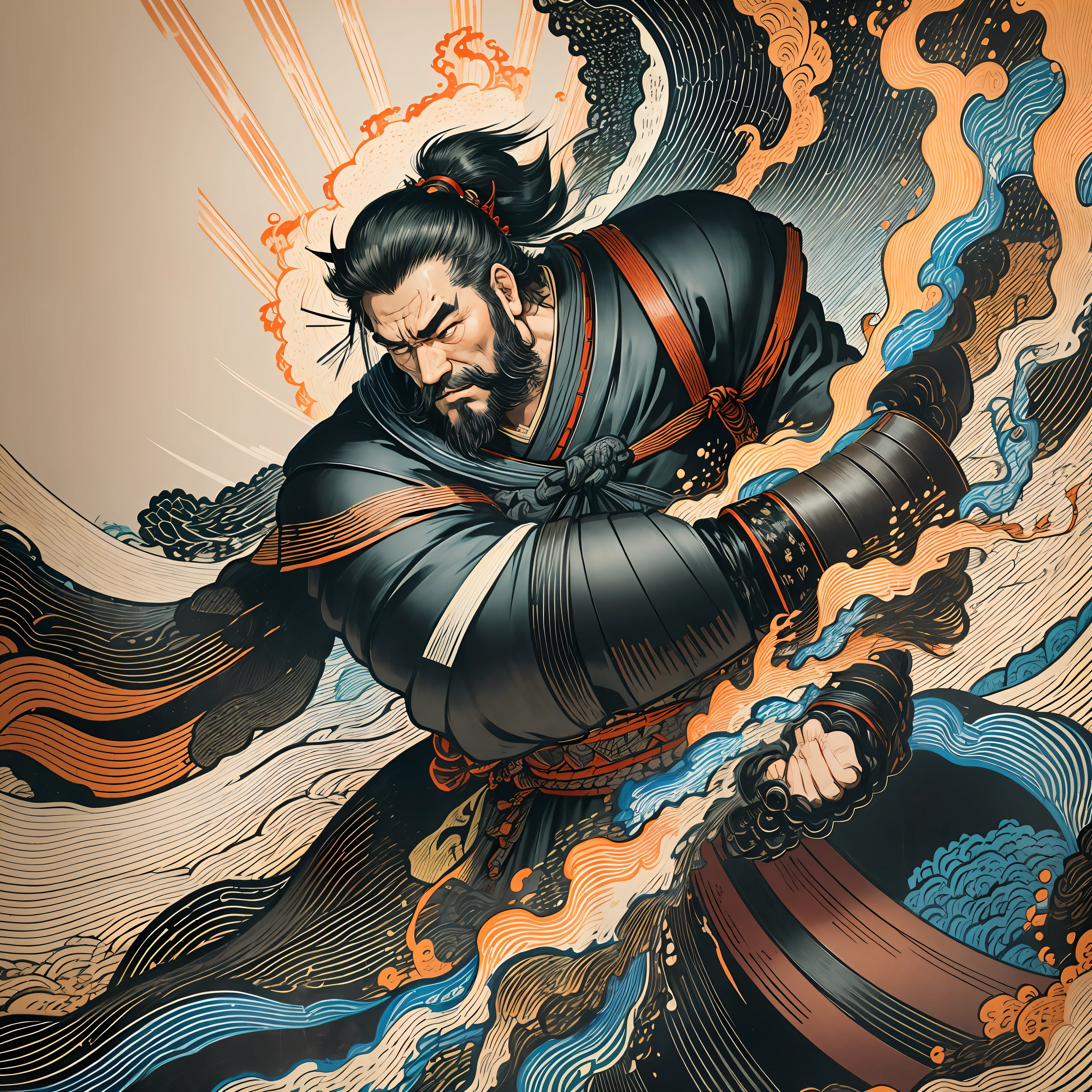 It is a full-body painting with natural colors with Katsushika Hokusai-style line drawings. The swordsman Miyamoto Musashi has a big body like a strongman. Samurai of Japan. With a dignified but manly expression of determination, he confronts evil spirits. He has black short hair and a short, trimmed beard. His upper body is covered in a black kimono and his hakama is knee-long. In his right hand he holds a Japan sword with a longer sword part. In the highest quality, masterpiece high resolution ukiyo-e style lightning and swirling flames. Among them, Miyamoto Musashi is standing with his back straight, facing the front.