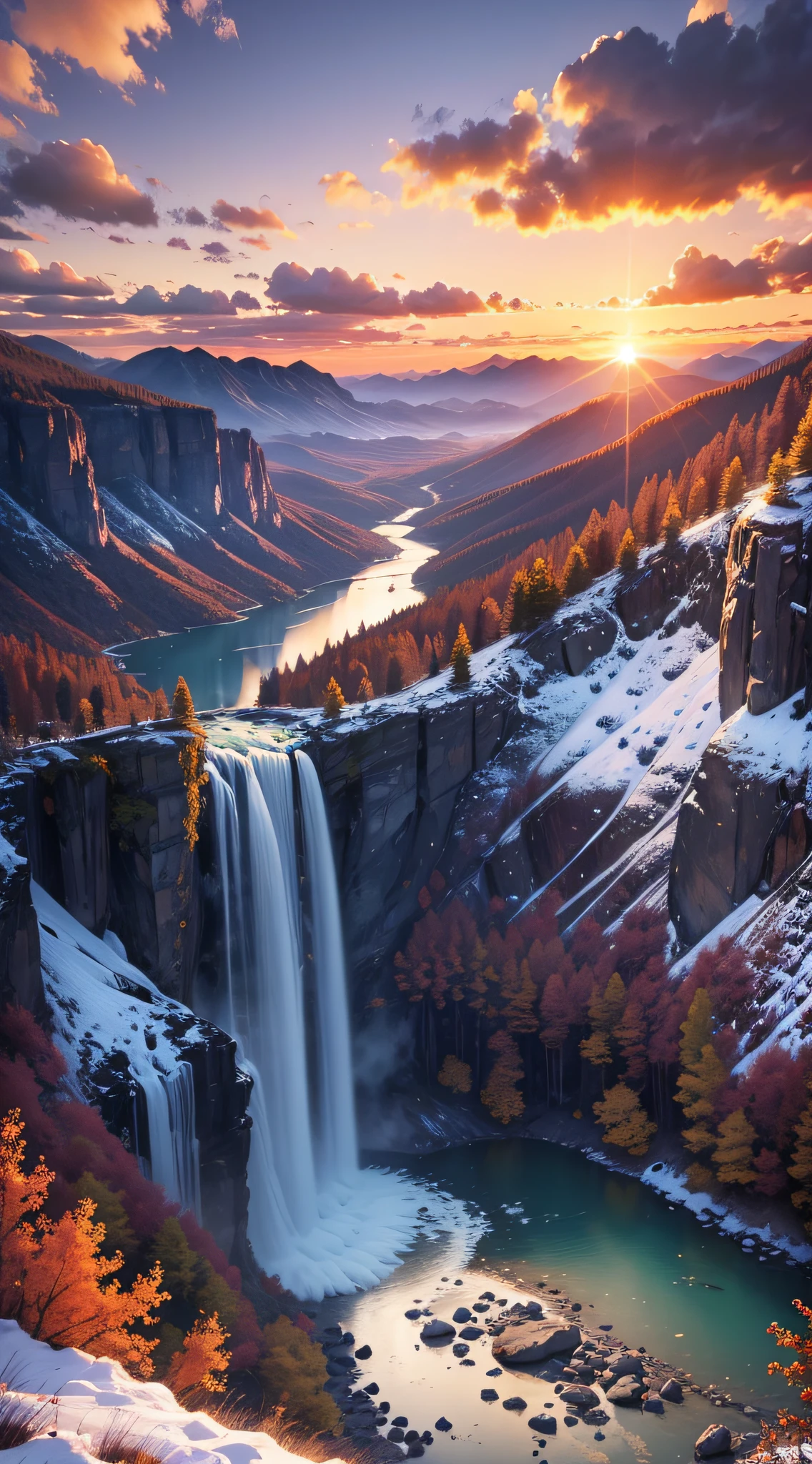 Landscape waterfall in mountains sunset image best quality, high quality, extremely detailed 8k wallpaper, photography --auto --s2