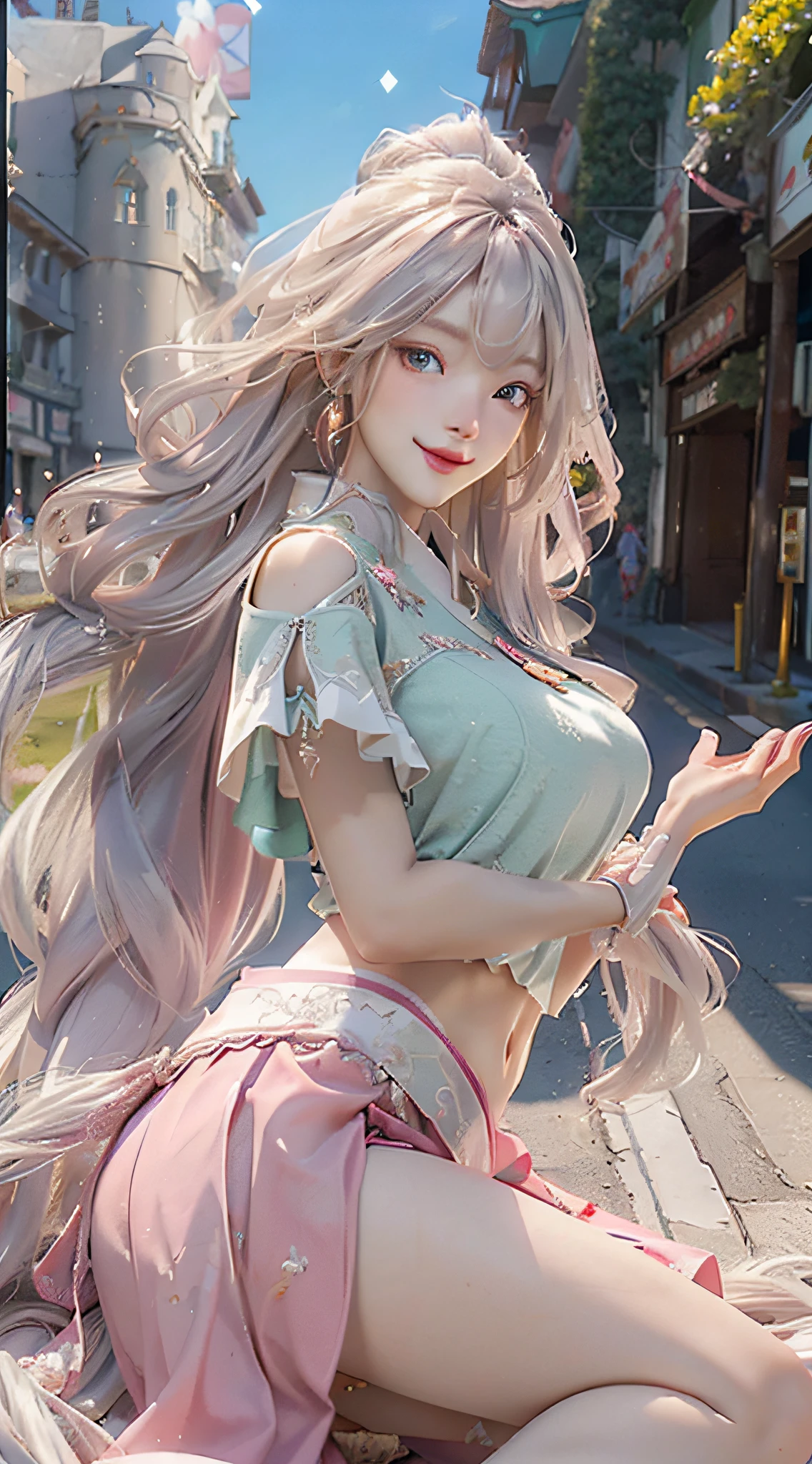 official art, masterpiece, sharp focus, (beautiful gorgeous cute korean woman:1.3), (beautiful cute korean:1.3), Korean beauty, delicate beautiful hair and eyes and face, realistic, super detailed, beautiful girl, blue sky, glowing white particles, (side light:1.2), sunlight, white clouds, detailed clouds, slender, cute girl, smile with teeth, ((smile with eyes, open eyes)), landscape, long straight hair, sexy facial expression, architecture, (City view: 1.7), Dynamic hair, Very long straight hair, Detailed platinum silver hair, Glowing green eyes, (pink pleated shirt + yellow skirt), White stockings, Pale skin, Hair accessories, Epic landscape,