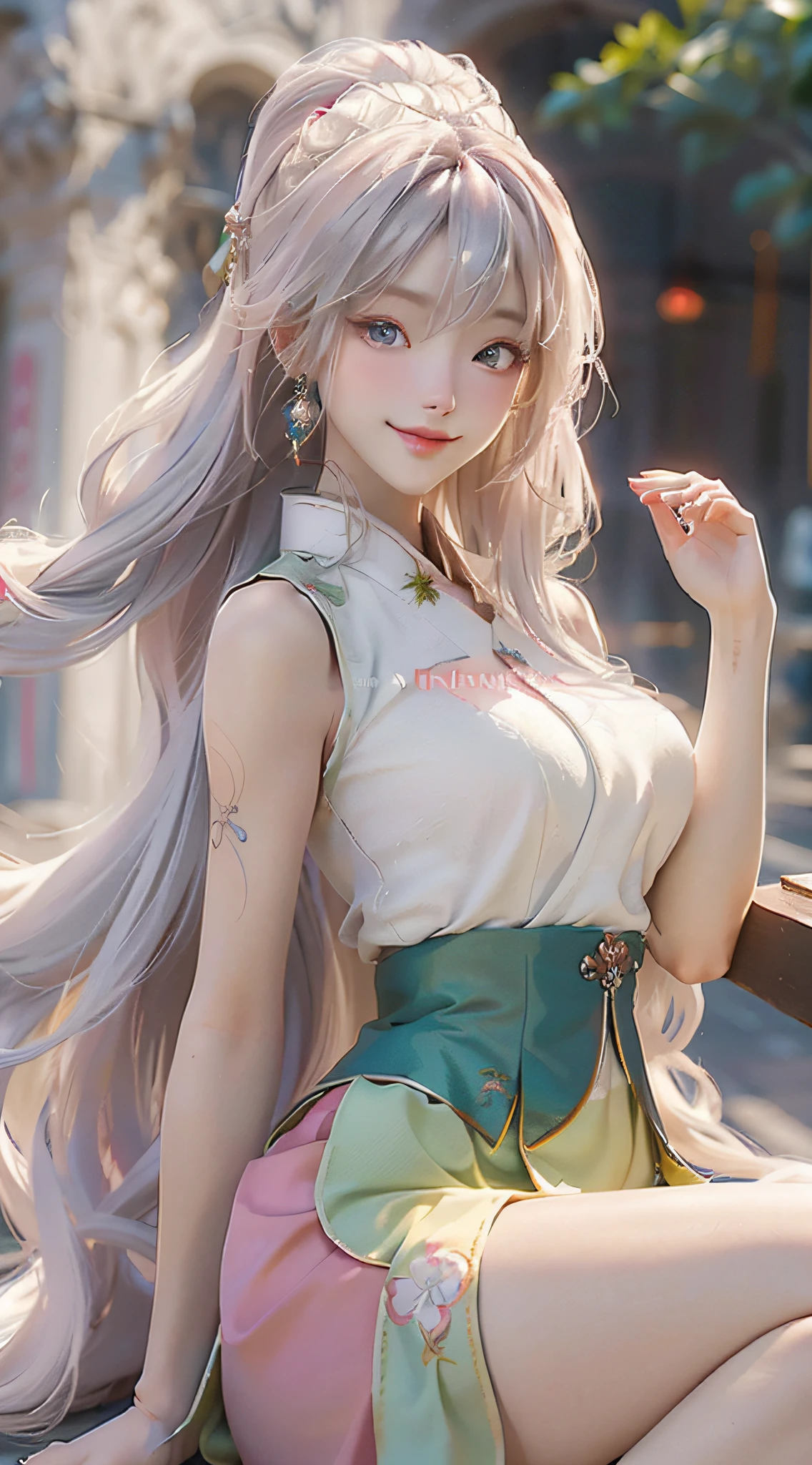 official art, masterpiece, sharp focus, (beautiful gorgeous cute korean woman:1.3), (beautiful cute korean:1.3), Korean beauty, delicate beautiful hair and eyes and face, realistic, super detailed, beautiful girl, blue sky, glowing white particles, (side light:1.2), sunlight, white clouds, detailed clouds, slender, cute girl, smile with teeth, ((smile with eyes, open eyes)), landscape, long straight hair, sexy facial expression, architecture, (City view: 1.7), Dynamic hair, Very long straight hair, Detailed platinum silver hair, Glowing green eyes, (pink pleated shirt + yellow skirt), White stockings, Pale skin, Hair accessories, Epic landscape,
