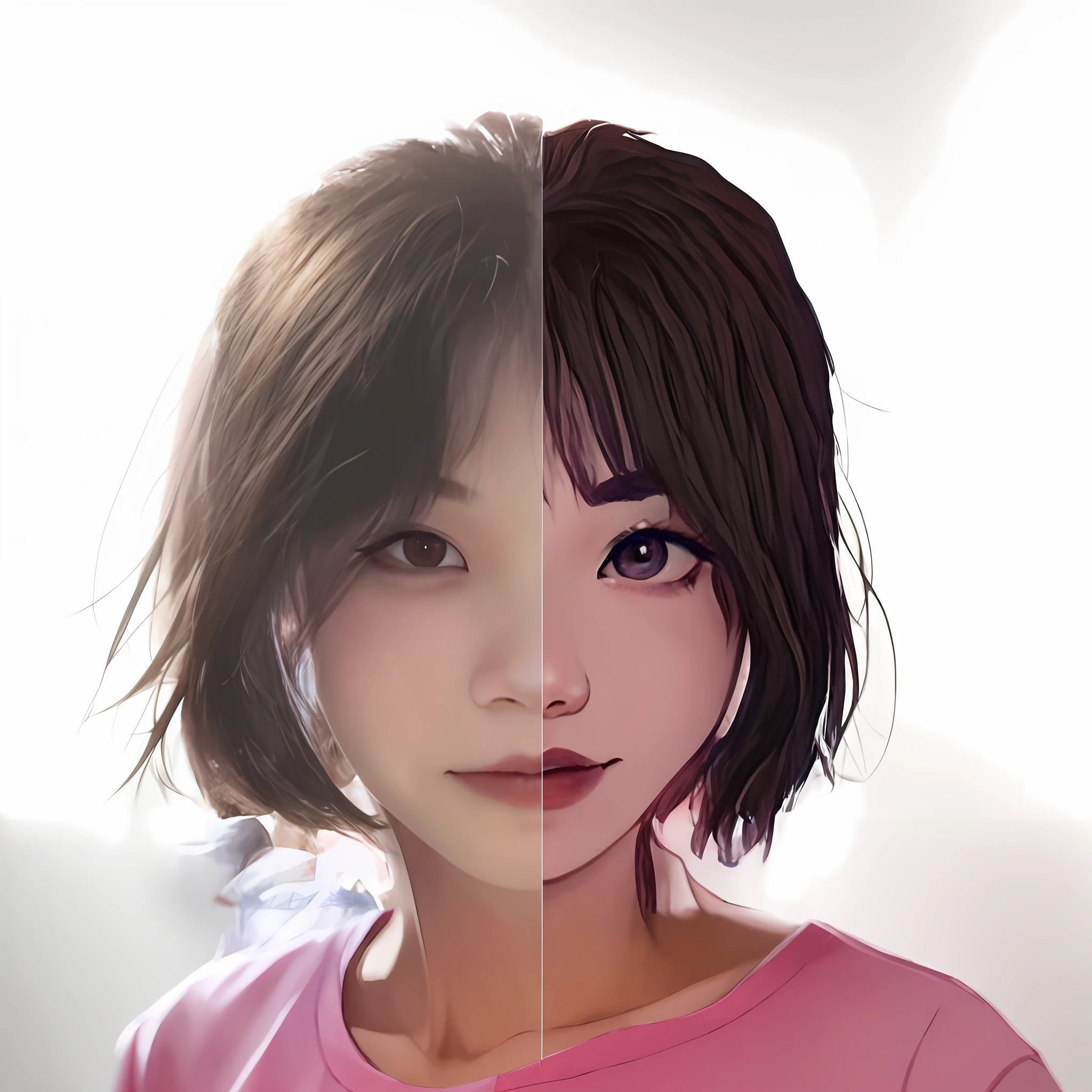 there is a woman with a short hair and a pink shirt, realistic anime 3 d style, anime realism style, anime realism, artwork in the style of guweiz, 3 d anime realistic, kawaii realistic portrait, semi - realistic anime, realistic art style, hyper realistic anime, realistic artstyle, semirealistic anime style, realistic - anime, photorealistic anime