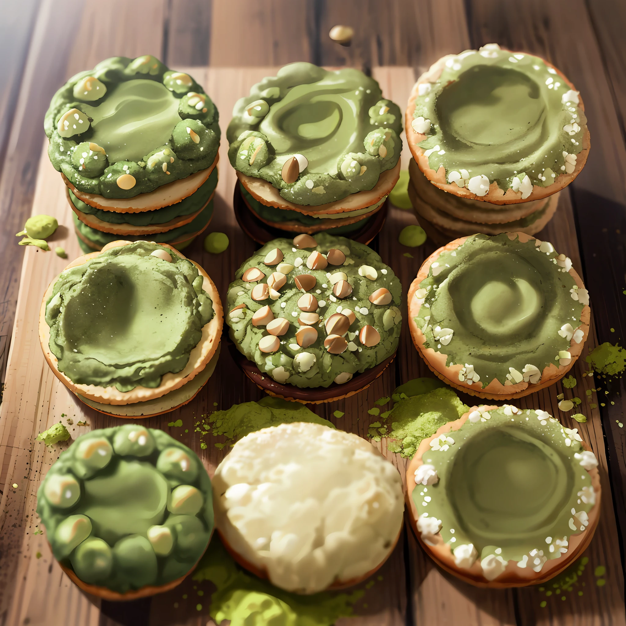 American matcha cookies. Matcha darkens in color. Add macadamia nuts to increase the amount.