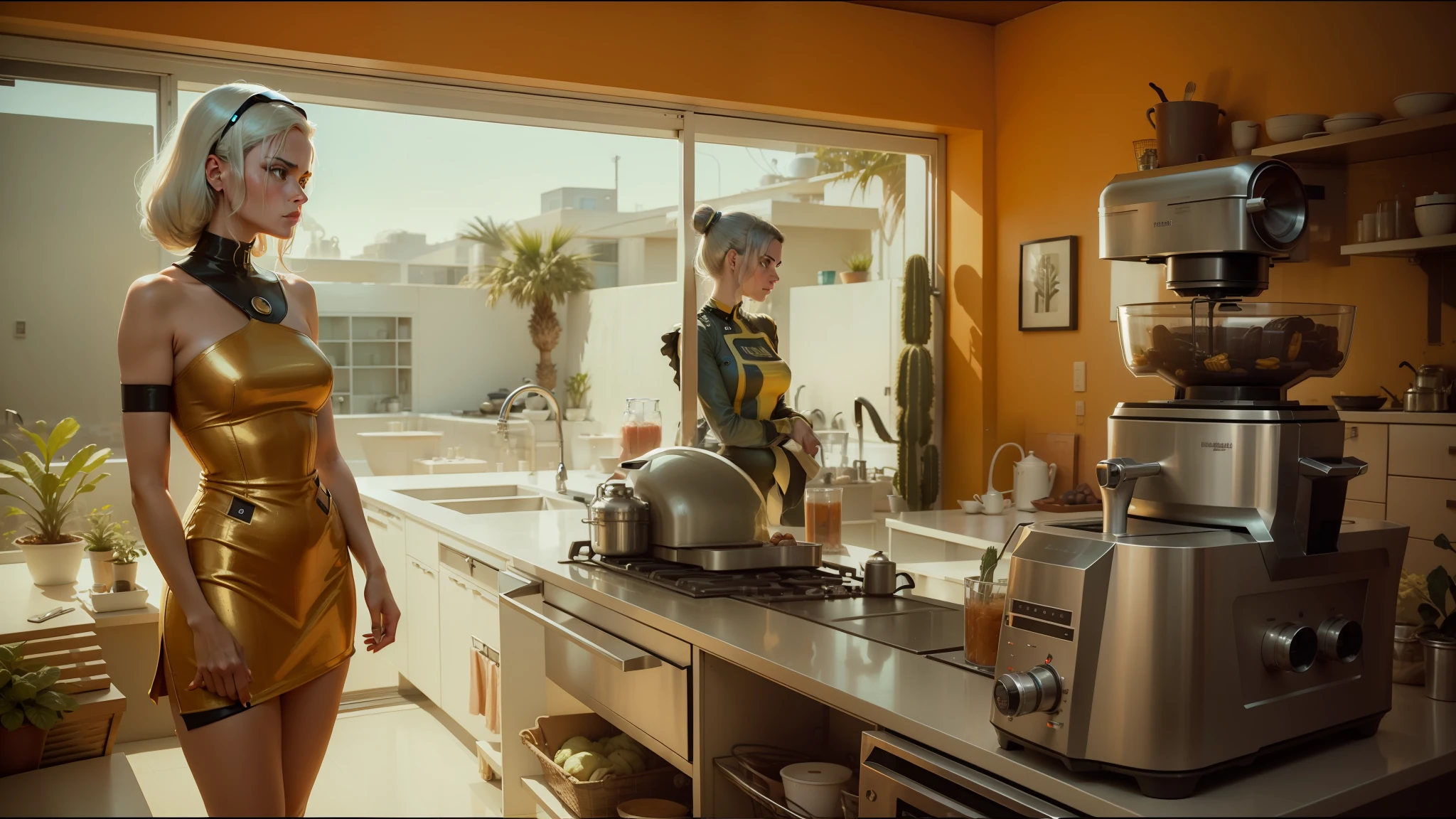 there is a woman standing in front of a kitchen counter with a blender, love death + robots, in style of joel meyerowitz, futuristic precious metals, saguaro, retro machinery, bang olufsen, futuristic cloning facility, still from l'estate, vintage aesthetic, bond girl, suburbia --auto --s2