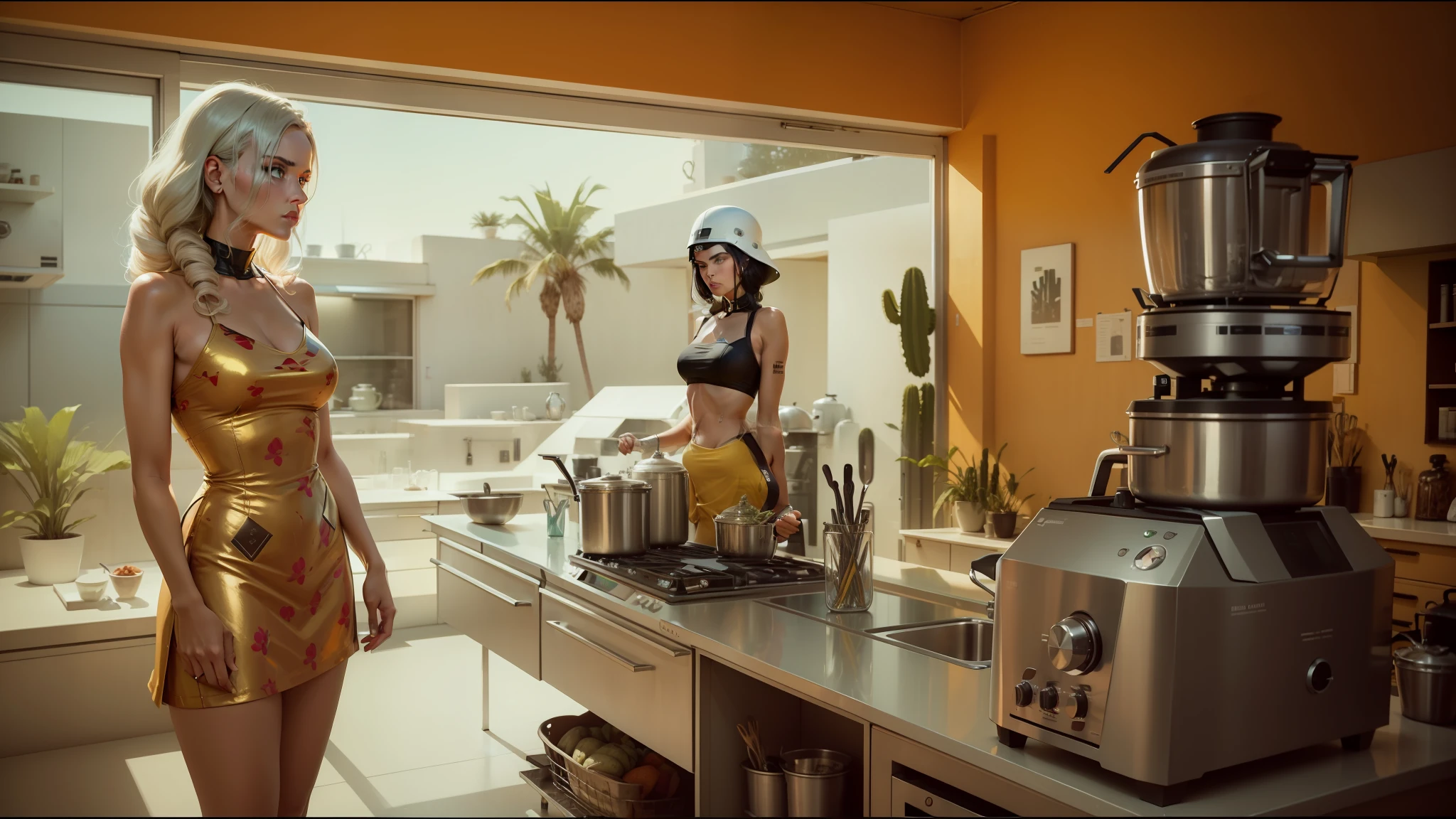 there is a woman standing in front of a kitchen counter with a blender, love death + robots, in style of joel meyerowitz, futuristic precious metals, saguaro, retro machinery, bang olufsen, futuristic cloning facility, still from l'estate, vintage aesthetic, bond girl, suburbia --auto --s2