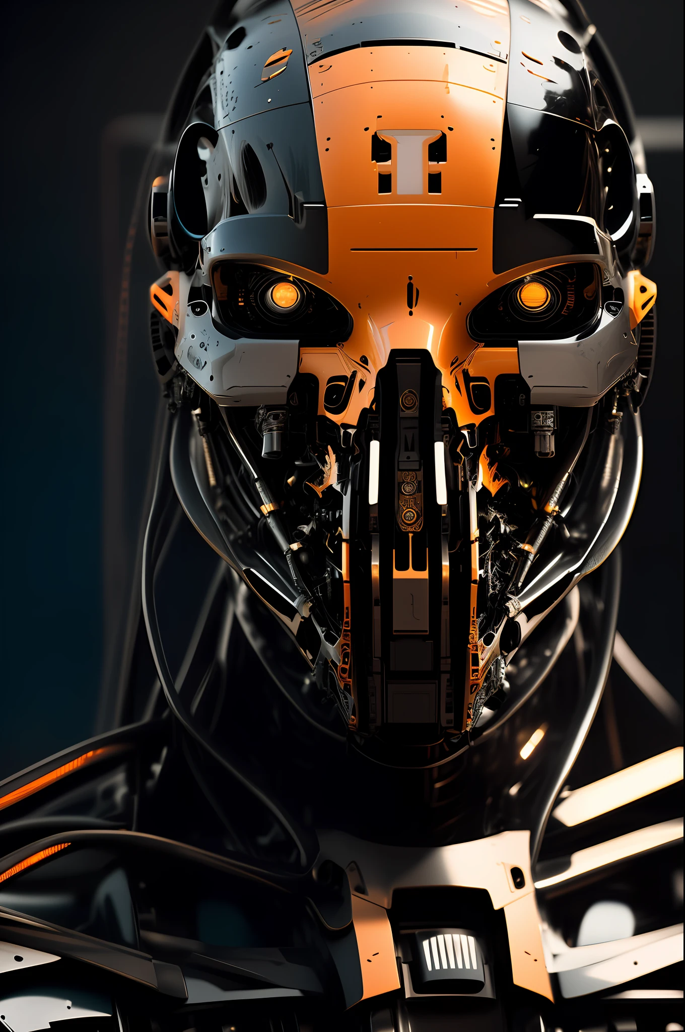 a closeup of a cyborg , deep focus, intricate details, matt black and orange colors, day, midday, photograph, highly detailed, 16k, blue bright eyes