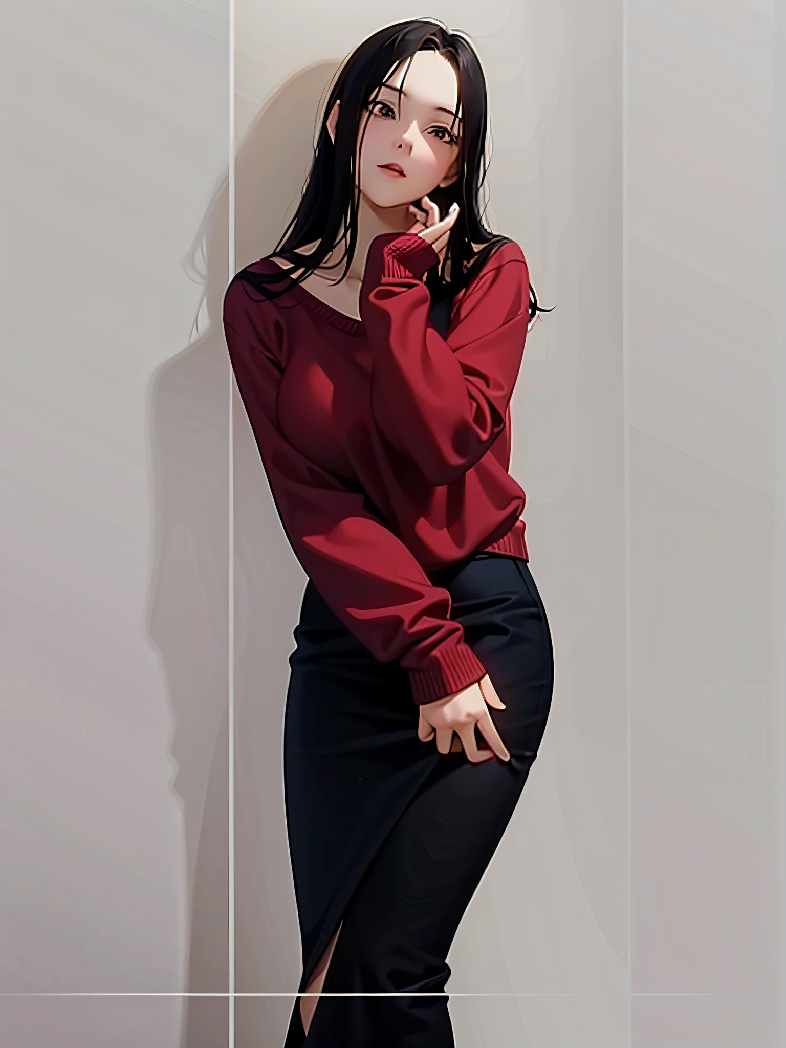 A woman in a red sweater and a black skirt stands in front of a white wall with a surprised expression on her face, charming pose, full body shooting, twisted pose, cute and elegant pose, casual pose, hands on her body pose! , satisfied posture, hands behind her pose! , shooting pose, wearing red outfit, full body photogenic shot, mid-body shot, side pose, make an elegant pose on you