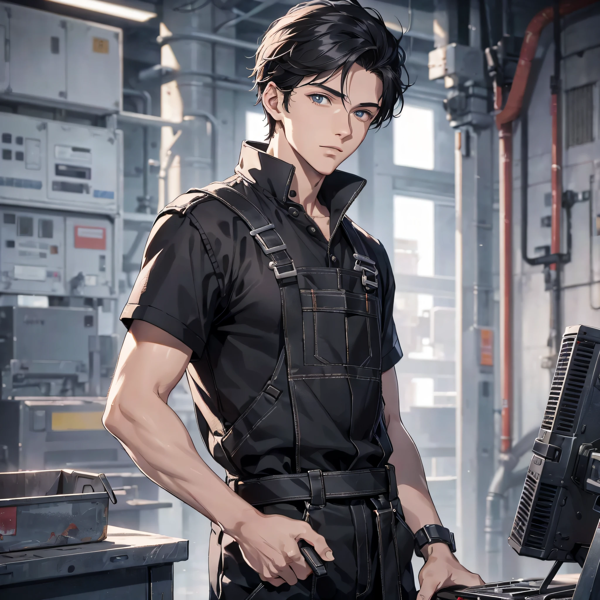 A twenty-year-old male technician in black overalls and short black hair working in a factory (background is Tech Factory 1.5) (Best Quality: 1.1) (Masterpiece: 1.3) with an unbeatable masterpiece, surreal 8K, perfect artwork, super detail, best quality, masterpiece 4K wallpaper aesthetics, masterpiece, award-winning artwork, official art, cinematic lighting (Handsome Young 1.5) (Handsome Guy 1.5)