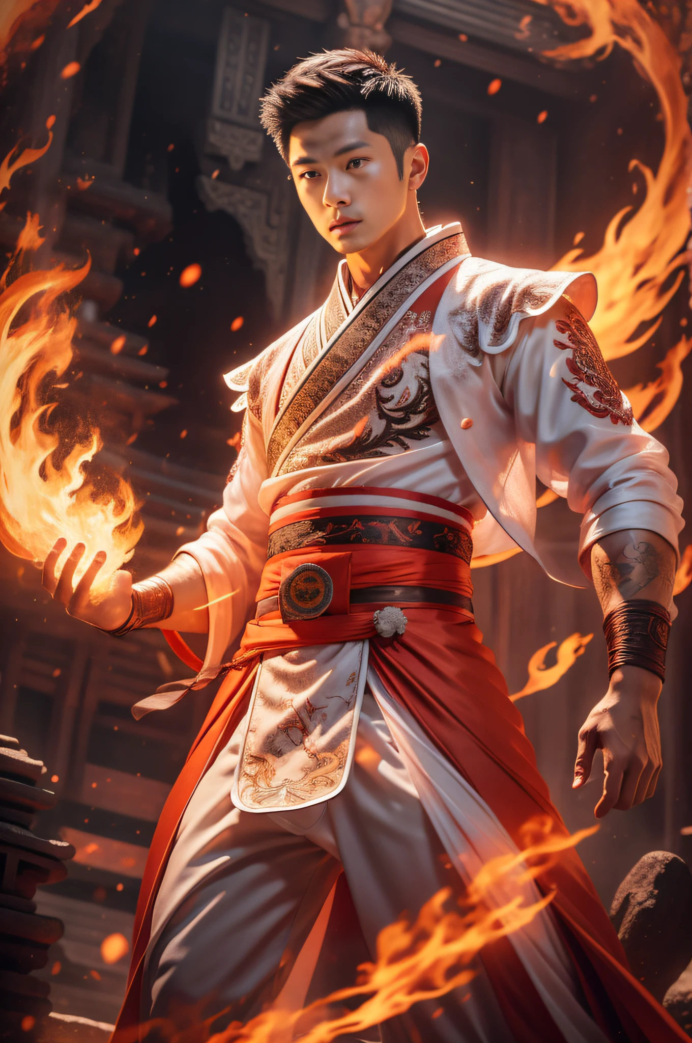Handsome guy, 25 years old, Asian, master work, best picture quality, higher quality, high detail, super high resolution, 8k resolution, delicate facial features, boy, big muscles, tattoos, glowing eyes, short hair, hair details, (full body: 0.6), detailed background , [[look away, look to the side, emphasize homosexuality and pay attention to every detail , open Hanfu transparent tulle jacket, white rubber pants, circling dragon, Chinese garden background ((((crotch bulge))))), flame, flame spell, Fire fighting, Chinese kung fu, fingerless gloves, wristbands, dragon-themed costumes, monk robes, spinning floating particles, dynamic composition, burning architectural background
