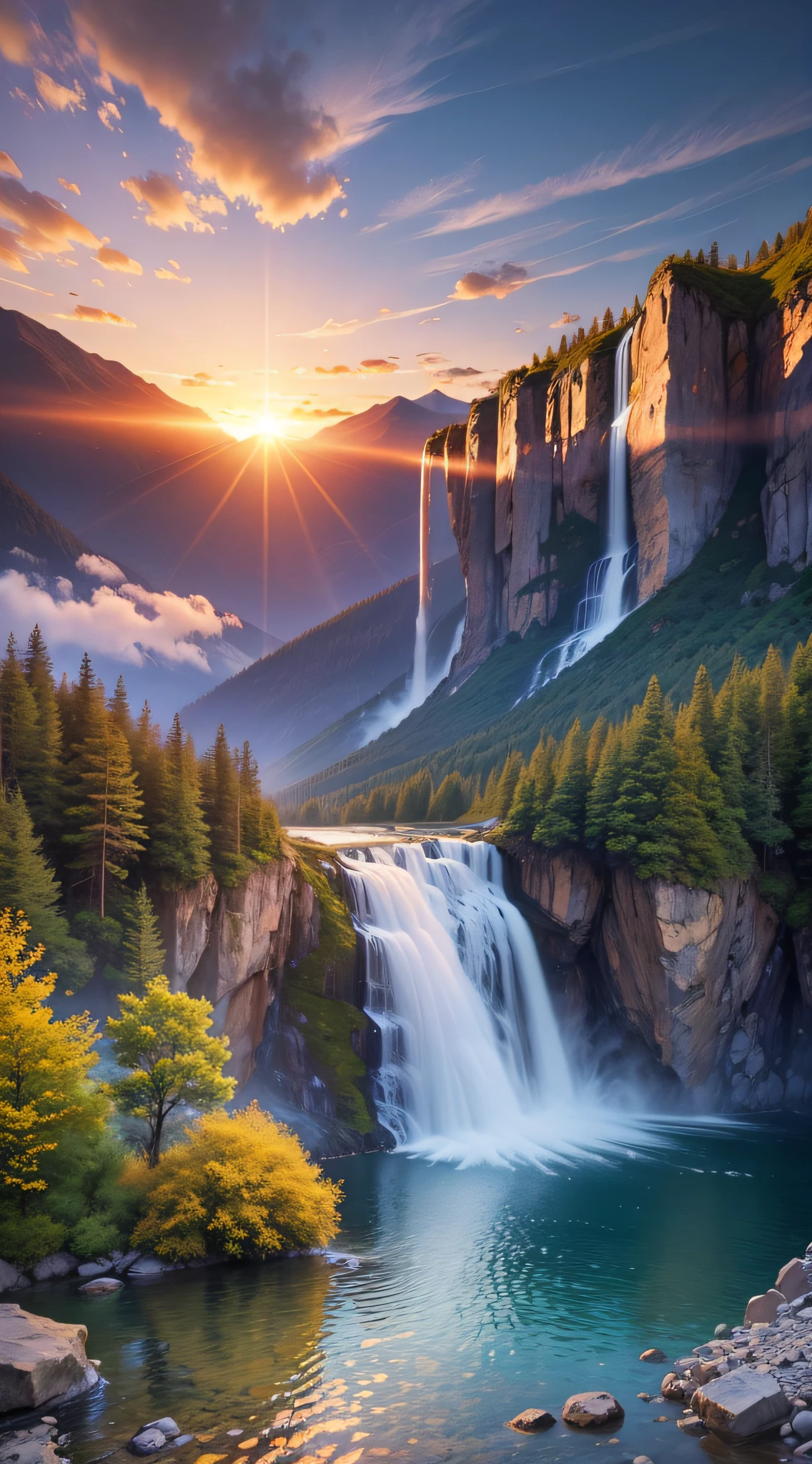 landscape waterfall in mountains sunset image Ultra realistic --auto --s2