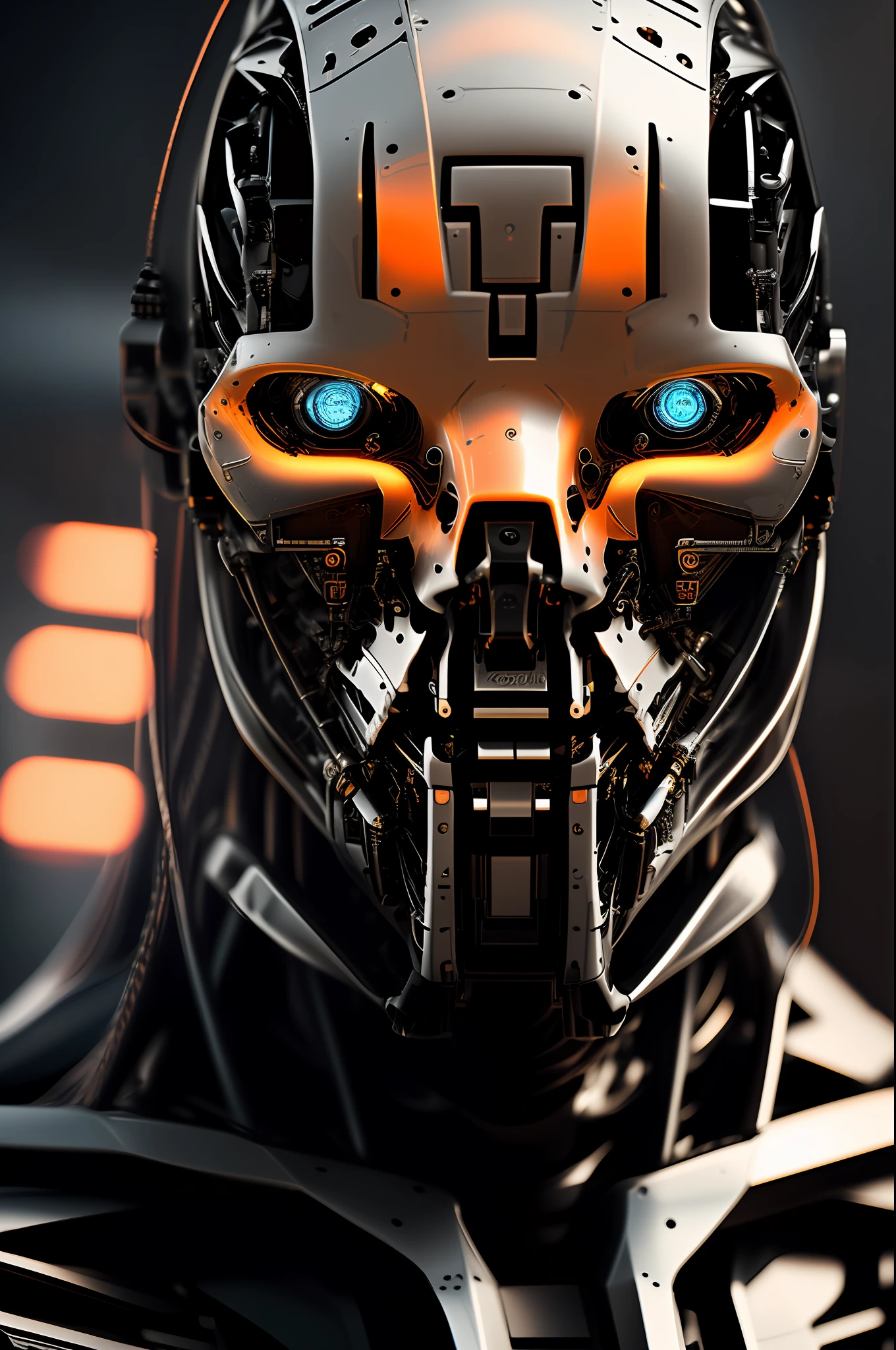 a closeup of a cyborg , deep focus, intricate details, matt black and orange colors, day, midday, photograph, highly detailed, 16k, blue bright eyes