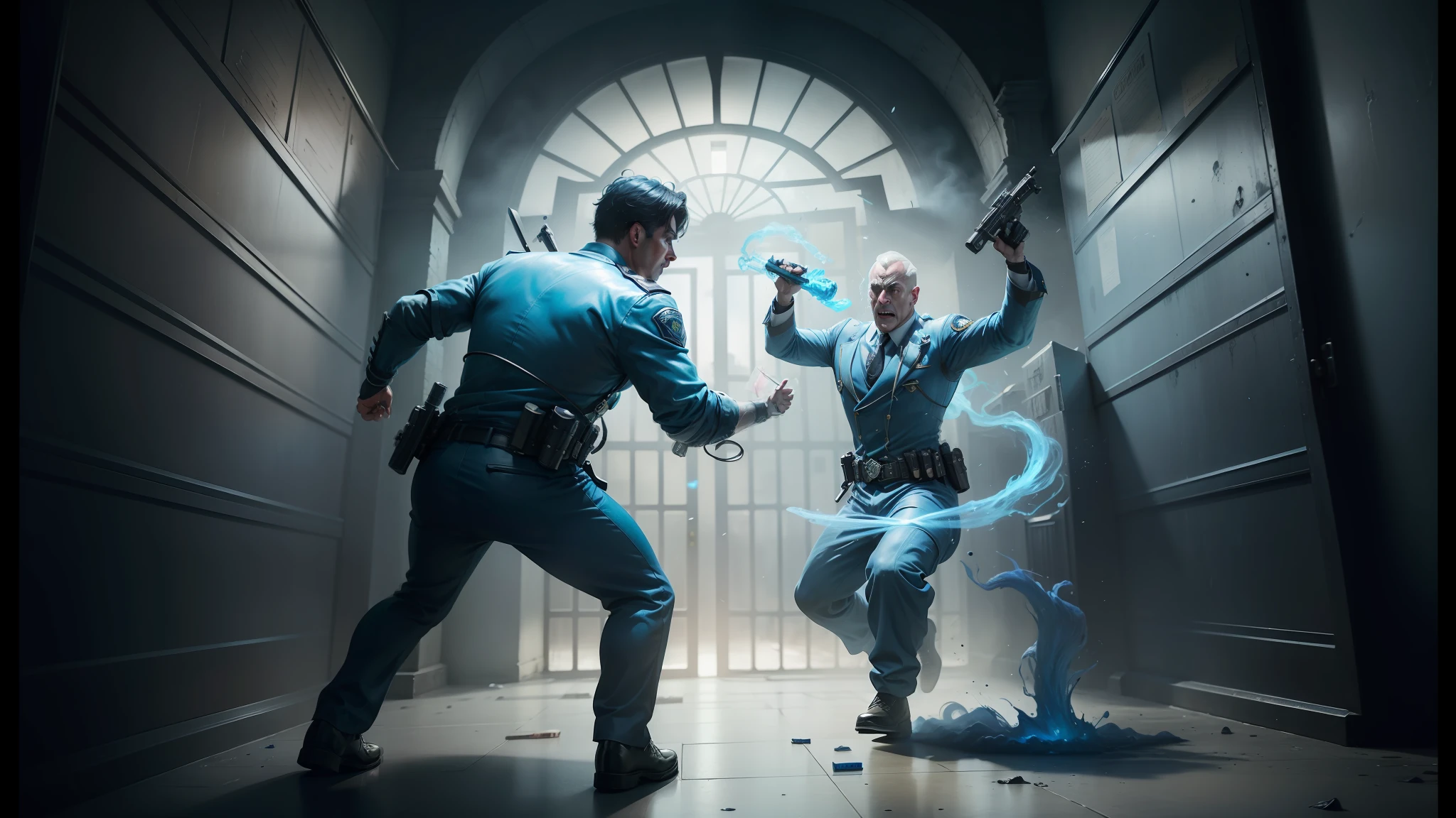 two male police officers are fighting with a blue substance, highly detailed surreal vfx, vfx, mage fighting a ghoul, houdini vfx, vfx art, call of duty zombies, hyperrealistic fantasy art, from netflix arcana, cinematography by fabian wagner , realistic riot entertainment, realistic fantasy photography, infinite bioshock, realistic vfx simulation, hyper realistic vfx simulation --auto --s2