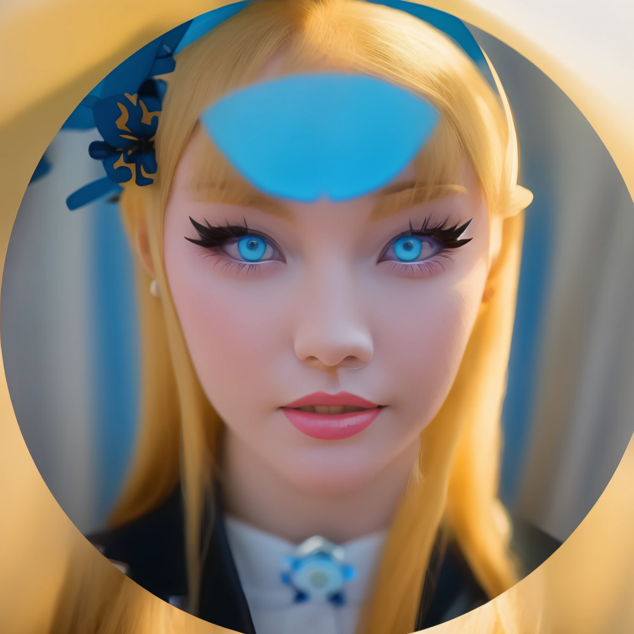 futuristic city as background, a very smiling, happy and beautiful girl like Alice Wonderland, with blue eyes, blonde hair, full body, wearing short and long black boots