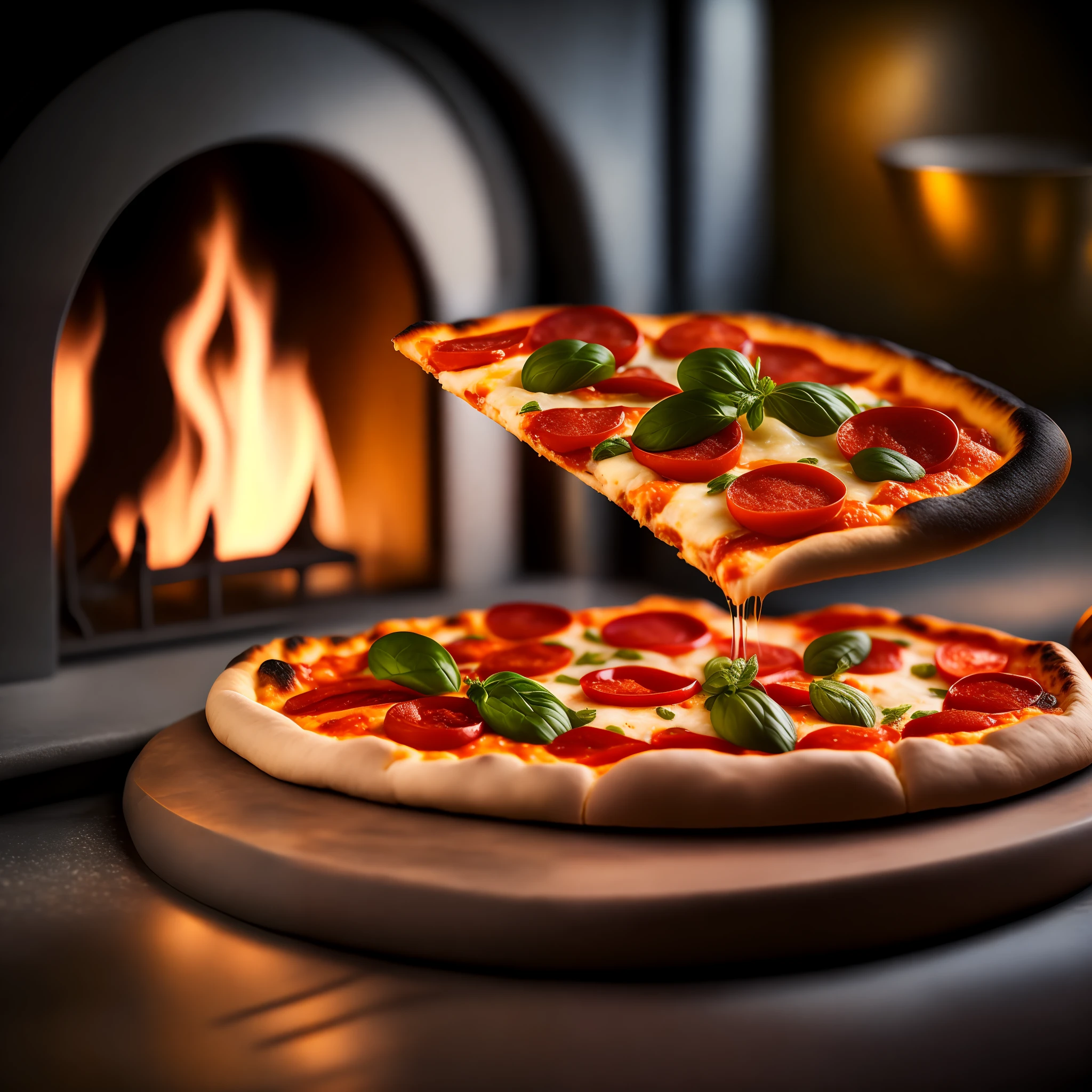 Macro photo of a piece of delicious pizza in front of a stone stove, stove, light it, food photography, advertising photography, soft light, very detailed, beautiful, fixed scene shot, art, surrealism, octane rendering, cinematic lighting, dramatic lighting, masterpiece, thin, very detailed