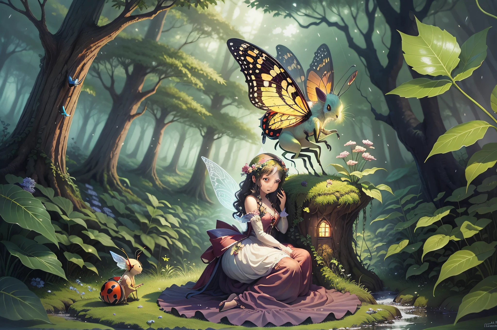 there is a ladybug that is sitting on a plant, magical forest with fireflies, magical fairy background, lost in a dreamy fairy landscape, magical forest backround, magical forest background, fireflies flying in the forest, in a magical forest, magic fairy forest, fairy forest, in the magical forest, glowing delicate flower, enchanted magical fantasy forest, fairy tale style background --auto --s2