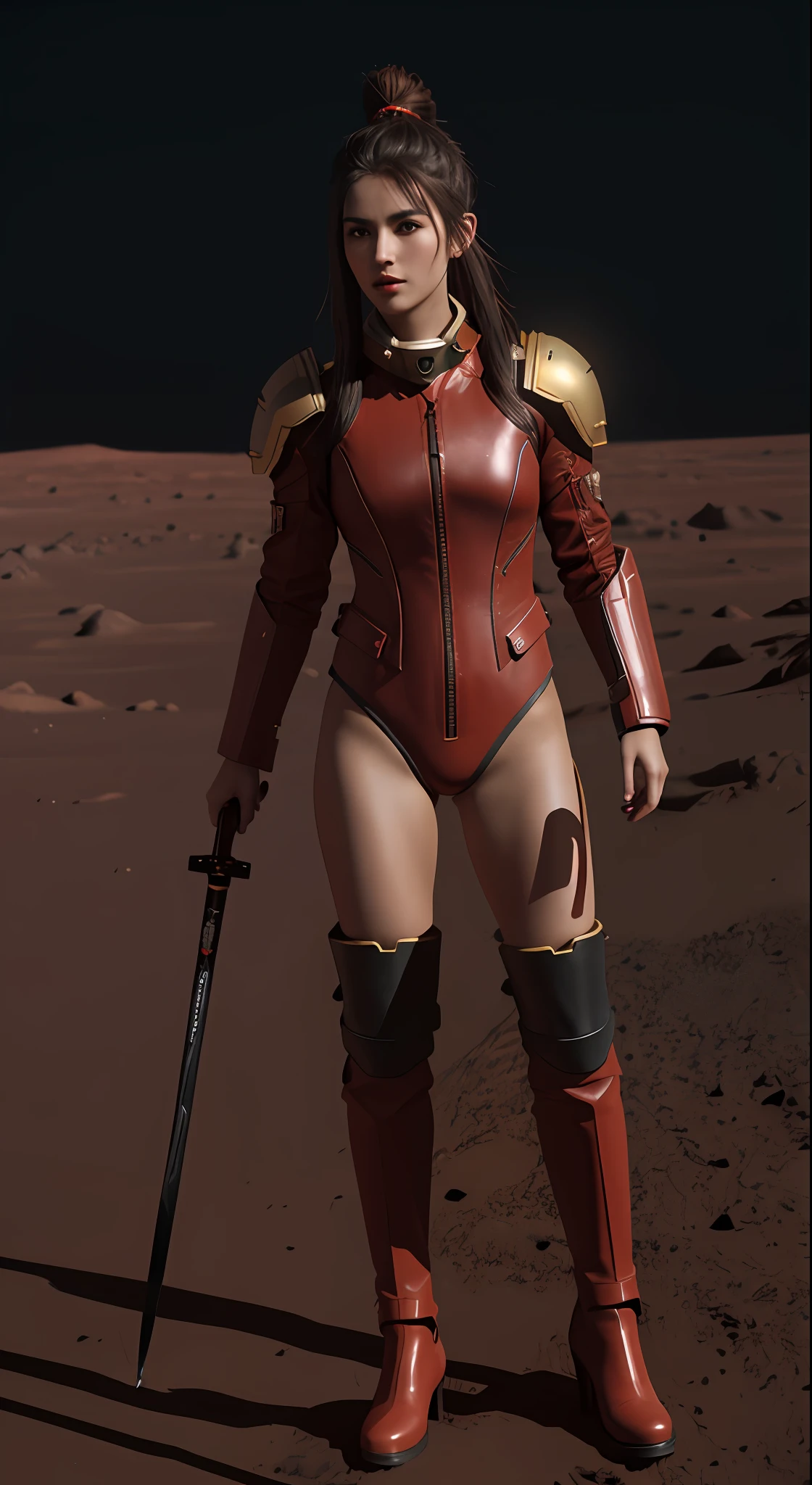 Beautiful female warrior of 20 years old, wearing tight red and black leather suit, long black leather high heel boots, holding long sword in the right hand, whole body from head to toe, on the Mars, ultra detailed face, topknot hair style, perfect body ratio, stars and nebular backgrounds, extraterrestrial, celestial, Martian, Cosmic, galactic,surface of Mars, hyperrealistic, chiaroscuro, volumetric lighting, ultra detailed, masterpiece, photorealistic, perfect contrast, perfect lighting, 8k resolution)
