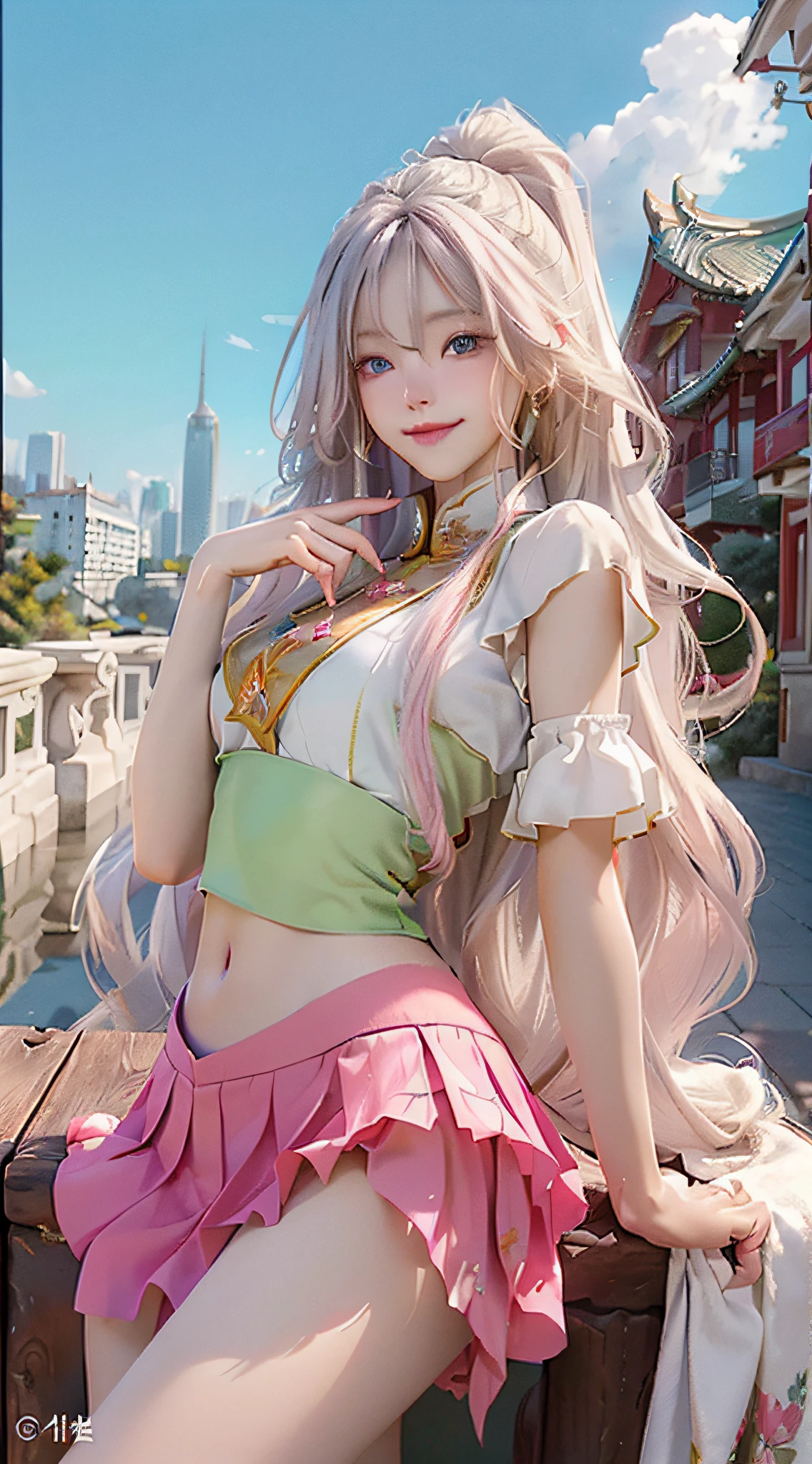 official art, masterpiece, sharp focus, (beautiful gorgeous cute korean woman:1.3), (beautiful cute korean:1.3), Korean beauty, delicate beautiful hair and eyes and face, realistic, super detailed, beautiful girl, blue sky, glowing white particles, (side light:1.2), sunlight, white clouds, detailed clouds, slender, cute girl, smile with teeth, ((smile with eyes, open eyes)), landscape, long straight hair, sexy facial expression, architecture, (City view: 1.7), Dynamic hair, Very long straight hair, Detailed platinum silver hair, Glowing green eyes, (pink pleated shirt + yellow skirt), White stockings, Pale skin, Hair accessories, Epic landscape,