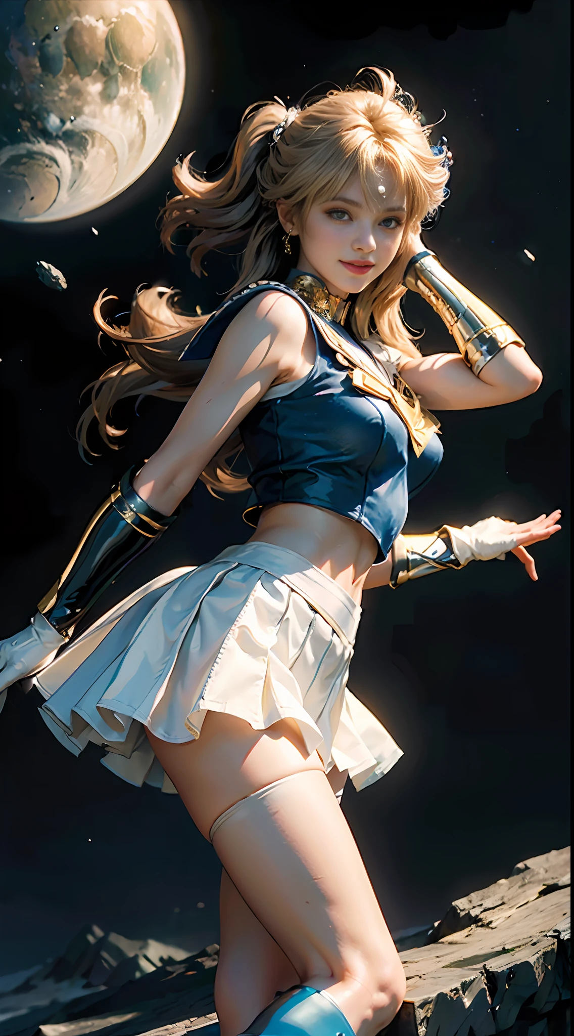 (Extreme detail CG Unity 8K wallpaper, masterpiece, highest quality), (exquisite lighting and shadow, highly dramatic picture, cinematic lens effect), (Sailor Moon: 1.1), charming smile, double tail, blue eyes, blond hair, tight top, white gloves, mini skirt, dynamic pose), the background is the universe (excellent detail, excellent lighting, wide angle), (excellent rendering, enough to stand out in its class),