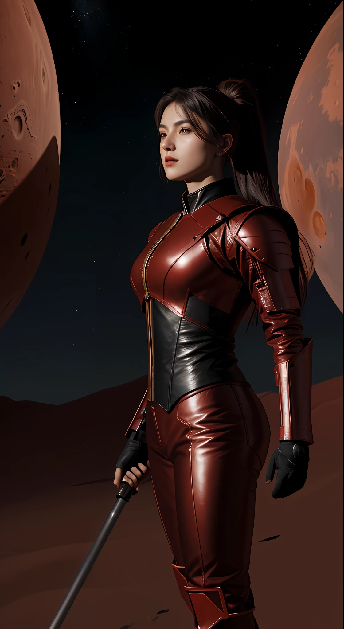 Beautiful female warrior of 20 years old, wearing tight red and black leather suit, long black leather high heel boots, holding long sword in the right hand, whole body from head to toe, on the Mars, ultra detailed face, topknot hair style, perfect body ratio, stars and nebular backgrounds, extraterrestrial, celestial, Martian, Cosmic, galactic,surface of Mars, hyperrealistic, chiaroscuro, volumetric lighting, ultra detailed, masterpiece, photorealistic, perfect contrast, perfect lighting, 8k resolution)