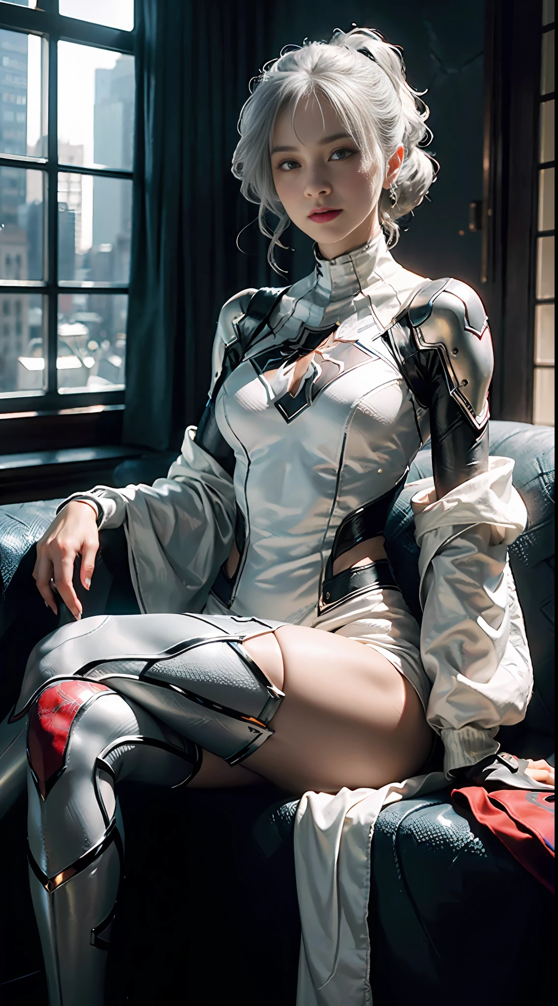 (Extreme Detail CG Unity 8K wallpaper, masterpiece, highest quality), (Exquisite lighting and shadow, highly dramatic picture, Cinematic lens effect), a girl in a white Spider-Man costume, silver gray hair color, from the Spider-Man parallel universe, Wenger, Marvel, Spider-Man, sitting on the couch, dynamic pose), (excellent detail, excellent lighting, wide angle), (excellent rendering, enough to stand out in its class), focus on white Spider-Man costumes, complex spider textures