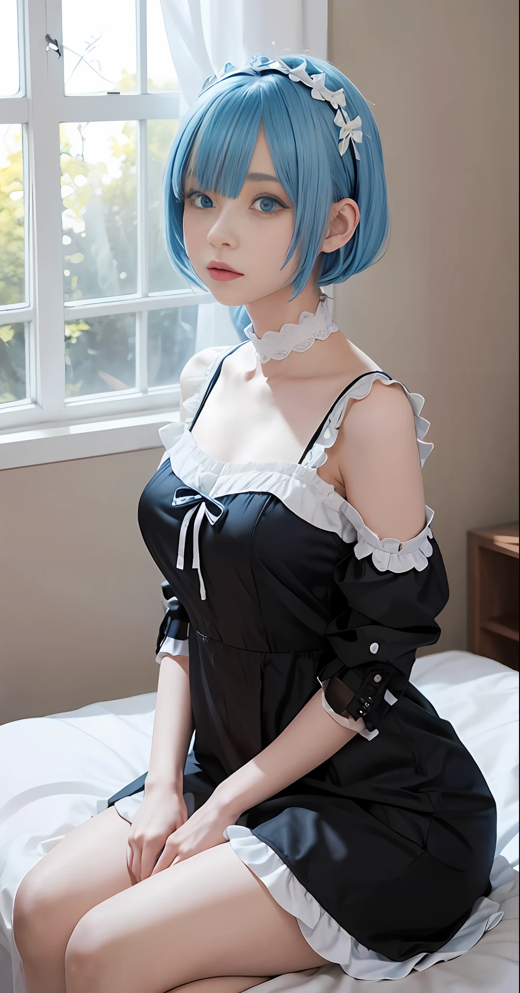 1 girl, maid outfit, short light blue hair, black outfit, maid outfit, bed, exposed shoulders, blue eyes, hairpins, full body, sitting on bed, ((bangs comb on the right))), window, sunlight, (symmetrical eyes)
