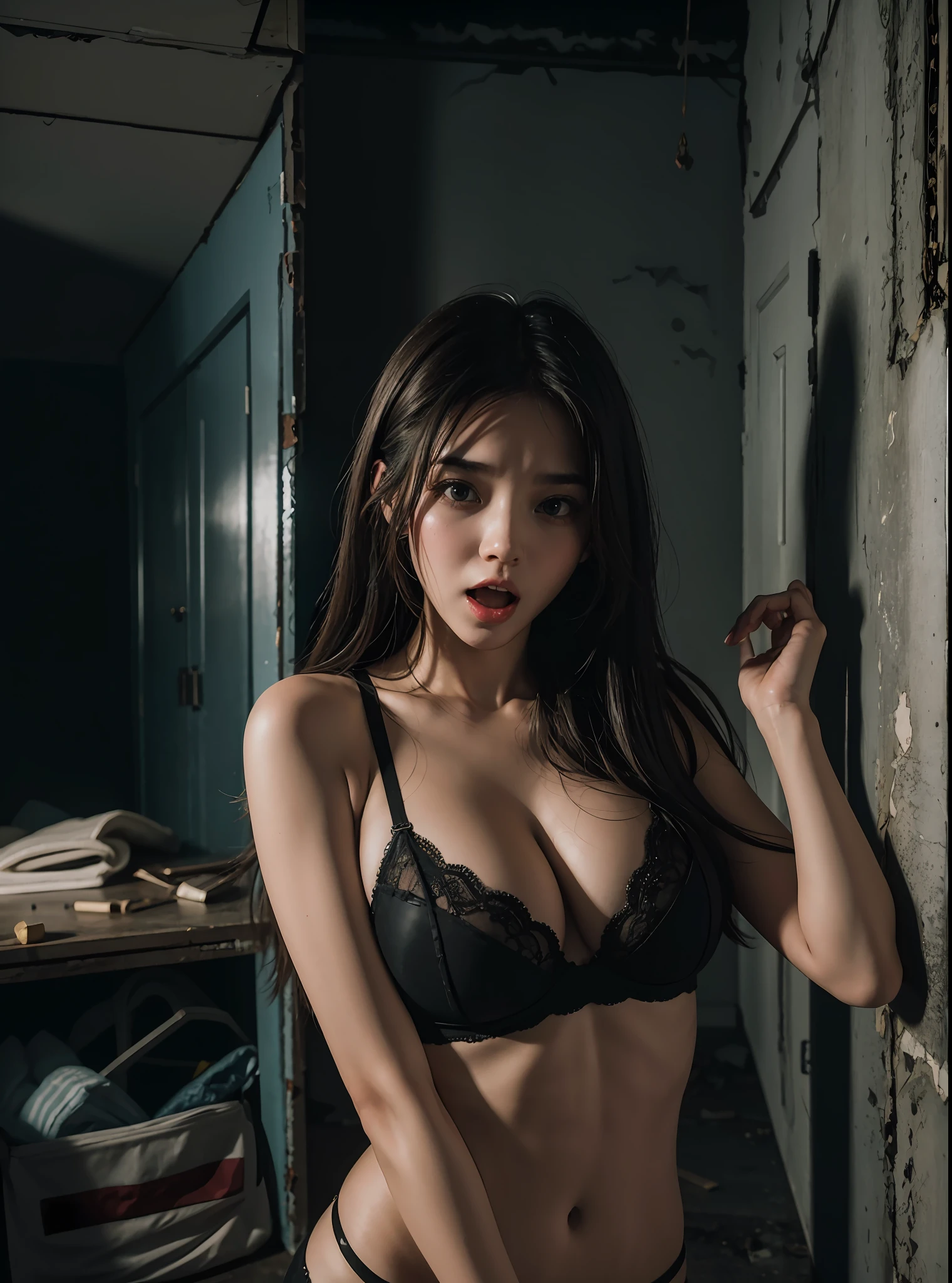 Young cute and sexy girl is in secret room of abandoned building at night, girl is scared and screaming, big, underwear, upper body shot, 8K image, super high quality, live action image, 8K background image,