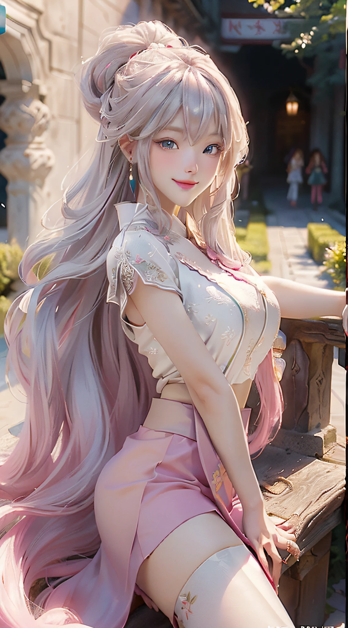 official art, masterpiece, sharp focus, (beautiful gorgeous cute korean woman:1.3), (beautiful cute korean:1.3), Korean beauty, delicate beautiful hair and eyes and face, realistic, super detailed, beautiful girl, blue sky, glowing white particles, (side light:1.2), sunlight, white clouds, detailed clouds, slender, cute girl, smile with teeth, ((smile with eyes, open eyes)), landscape, long straight hair, sexy facial expression, architecture, (City view: 1.7), Dynamic hair, Very long straight hair, Detailed platinum silver hair, Glowing green eyes, (pink pleated shirt + yellow skirt), White stockings, Pale skin, Hair accessories, Epic landscape,