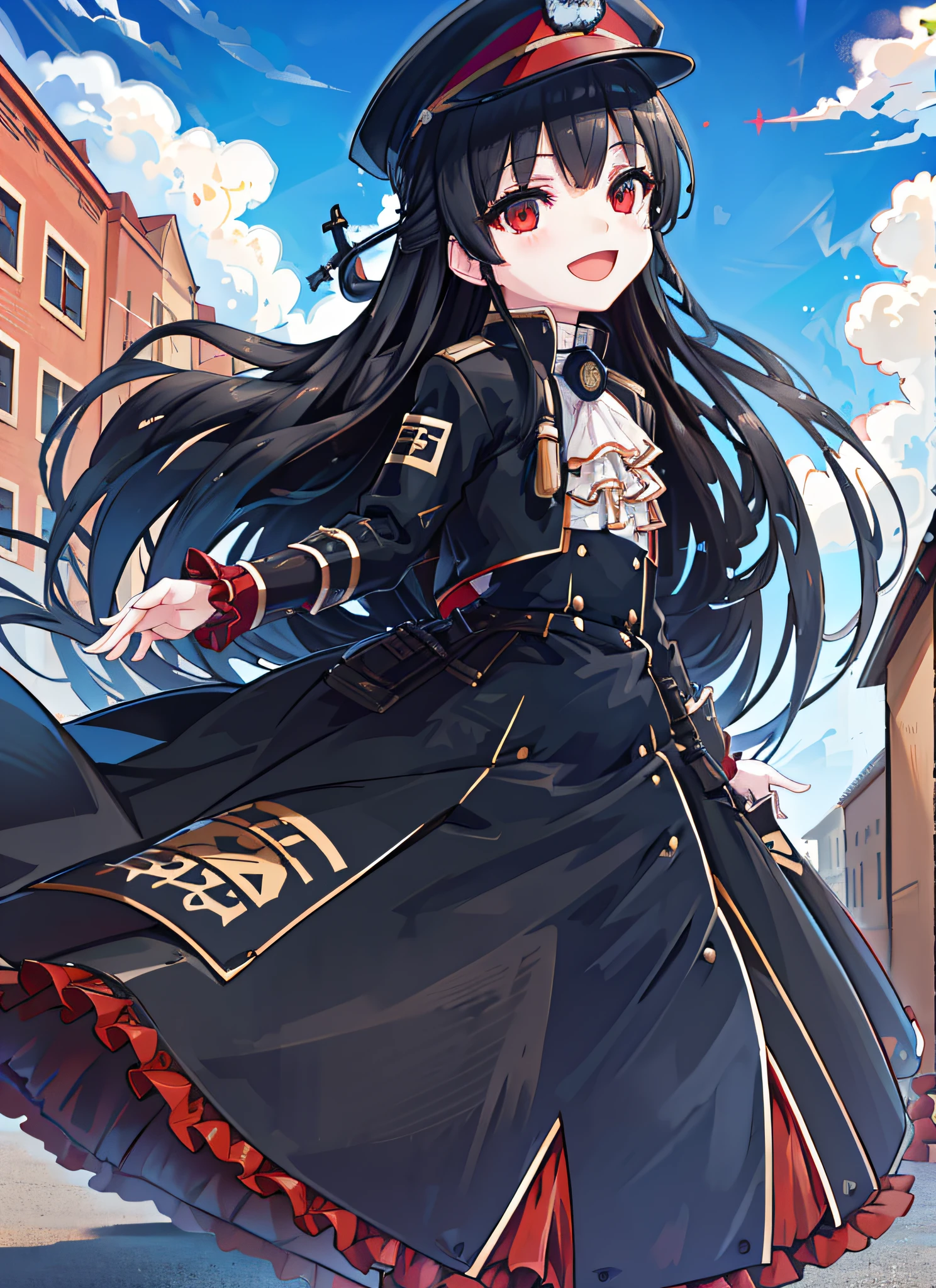 8k,(masterpiece),( best quality), (ultra-detailed),8620 \(maitetsu\),8620 \(uniform\),long sleeve,hat,frills,black dress,red eyes,long hair,black hair,:d,colorful,(Blue sky:1.2),street,cowboy shot