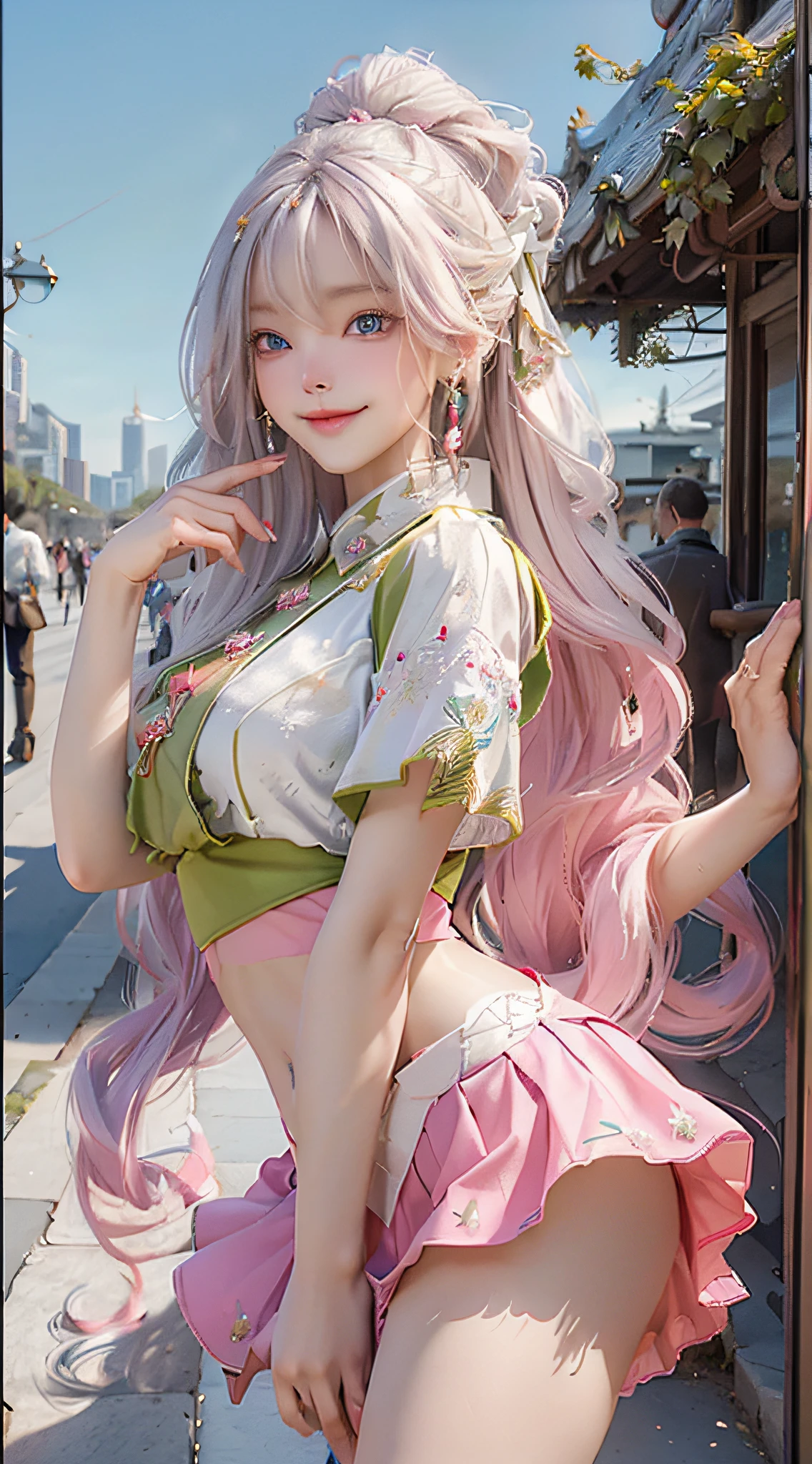official art, masterpiece, sharp focus, (beautiful gorgeous cute korean woman:1.3), (beautiful cute korean:1.3), Korean beauty, delicate beautiful hair and eyes and face, realistic, super detailed, beautiful girl, blue sky, glowing white particles, (side light:1.2), sunlight, white clouds, detailed clouds, slender, cute girl, smile with teeth, ((smile with eyes, open eyes)), landscape, long straight hair,  facial expression, architecture, (City view: 1.7), Dynamic hair, Very long straight hair, Detailed platinum silver hair, Glowing green eyes, (pink pleated shirt + yellow skirt), White stockings, Pale skin, Hair accessories, Epic landscape,