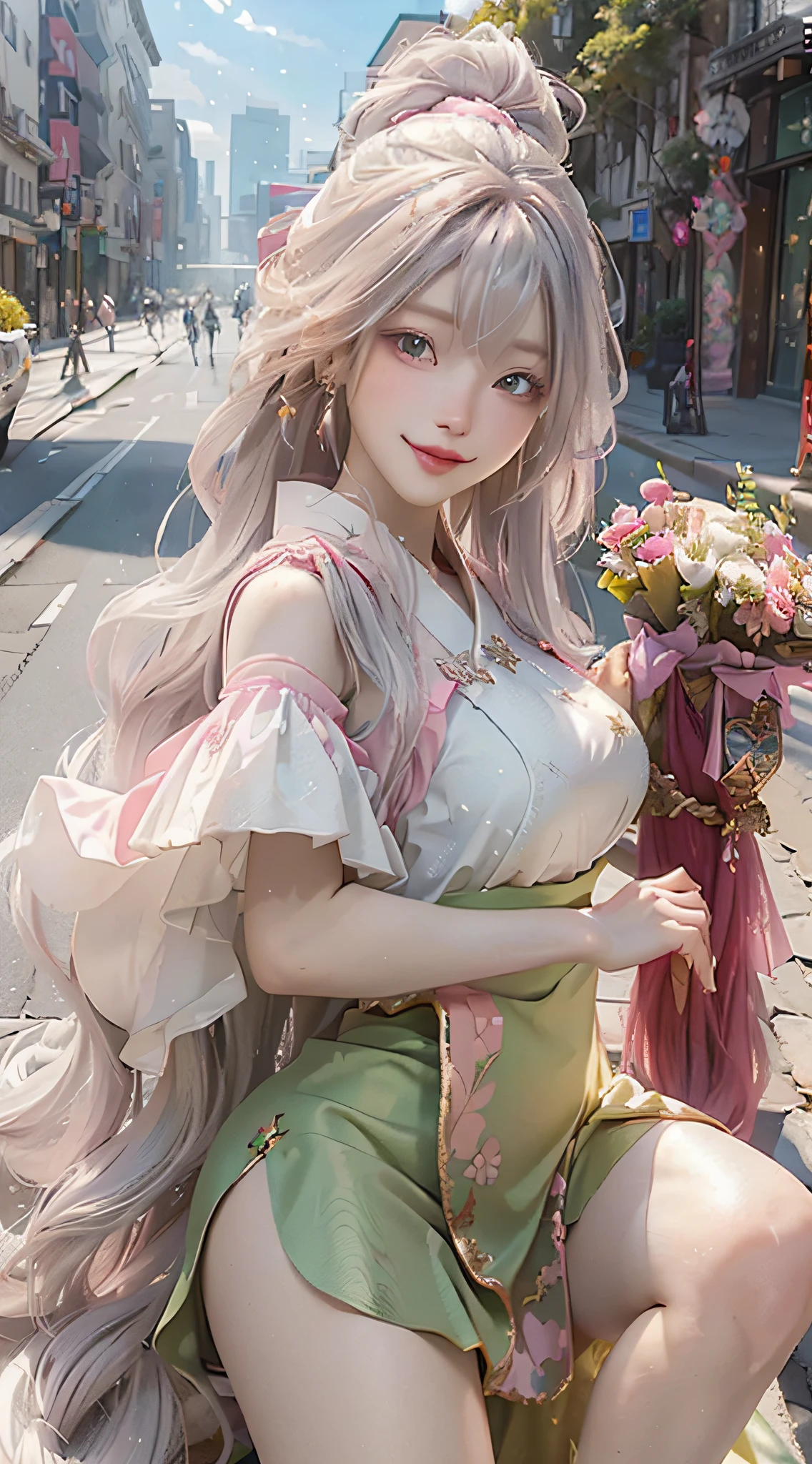 official art, masterpiece, sharp focus, (beautiful gorgeous cute korean woman:1.3), (beautiful cute korean:1.3), Korean beauty, delicate beautiful hair and eyes and face, realistic, super detailed, beautiful girl, blue sky, glowing white particles, (side light:1.2), sunlight, white clouds, detailed clouds, slender, cute girl, smile with teeth, ((smile with eyes, open eyes)), landscape, long straight hair, sexy facial expression, architecture, (City view: 1.7), Dynamic hair, Very long straight hair, Detailed platinum silver hair, Glowing green eyes, (pink pleated shirt + yellow skirt), White stockings, Pale skin, Hair accessories, Epic landscape,