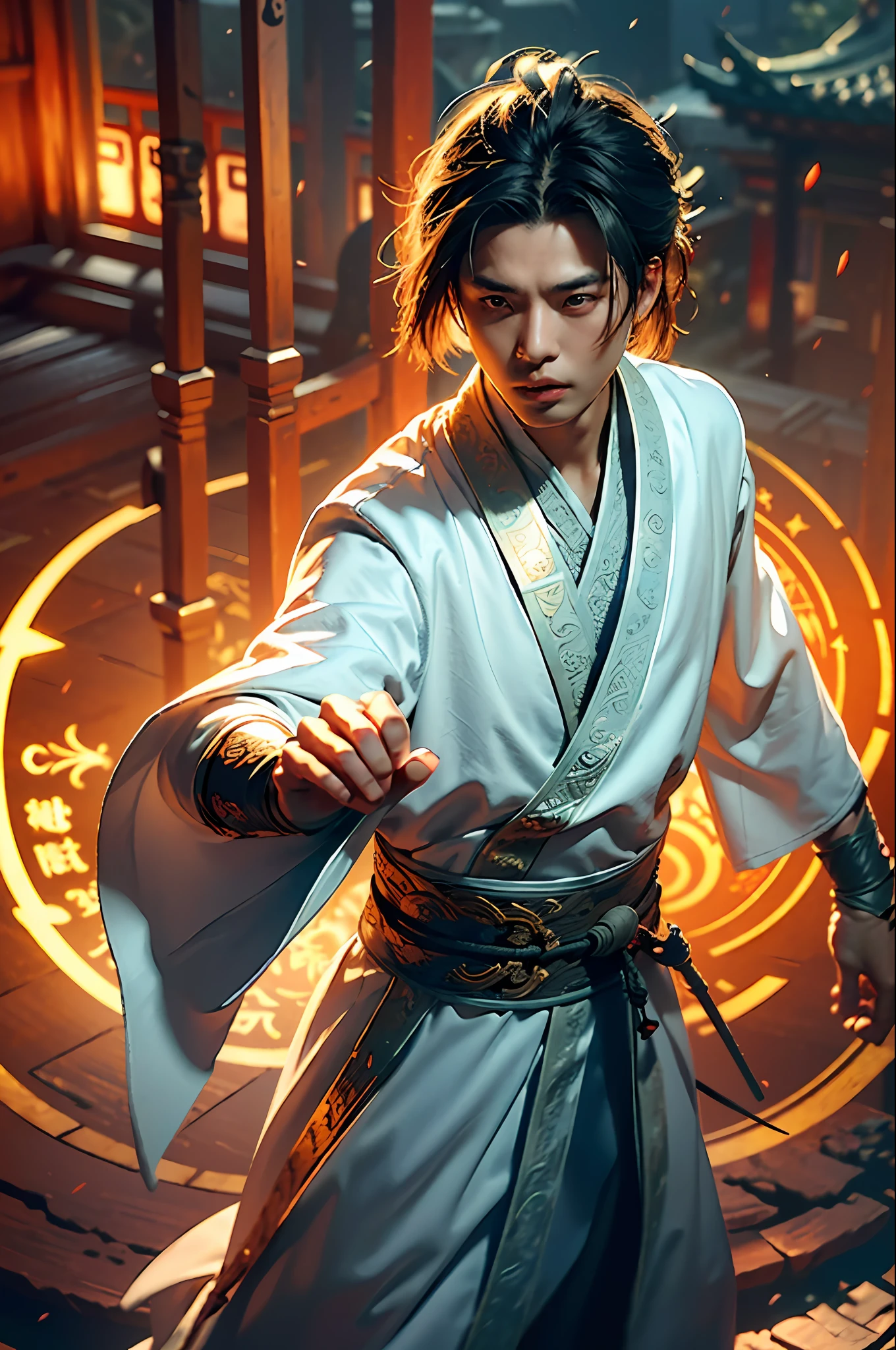 Best Quality, Masterpiece, Ultra High Resolution, (Realistic: 1.4), Xiuxian, Weapon, Detail Face, 1 Boy, Solo, Weapon, (Magic Circle: 1.2), Xiuxian, Upper Body, Beautiful Boy, Full Body, East Asian Architecture, Sheath, Building,