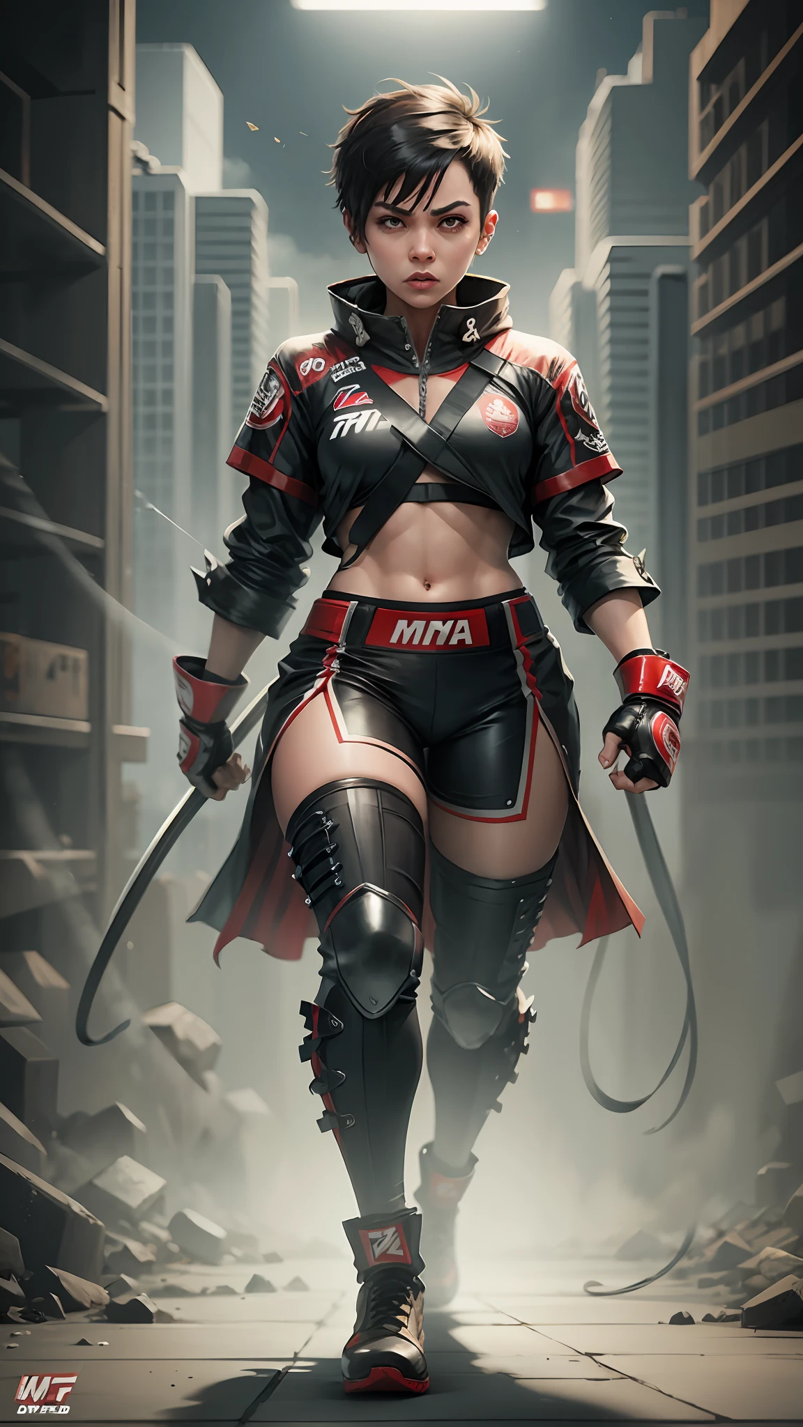 A woman with short hair, angry face, dressed as a fighter, MMA --auto --s2