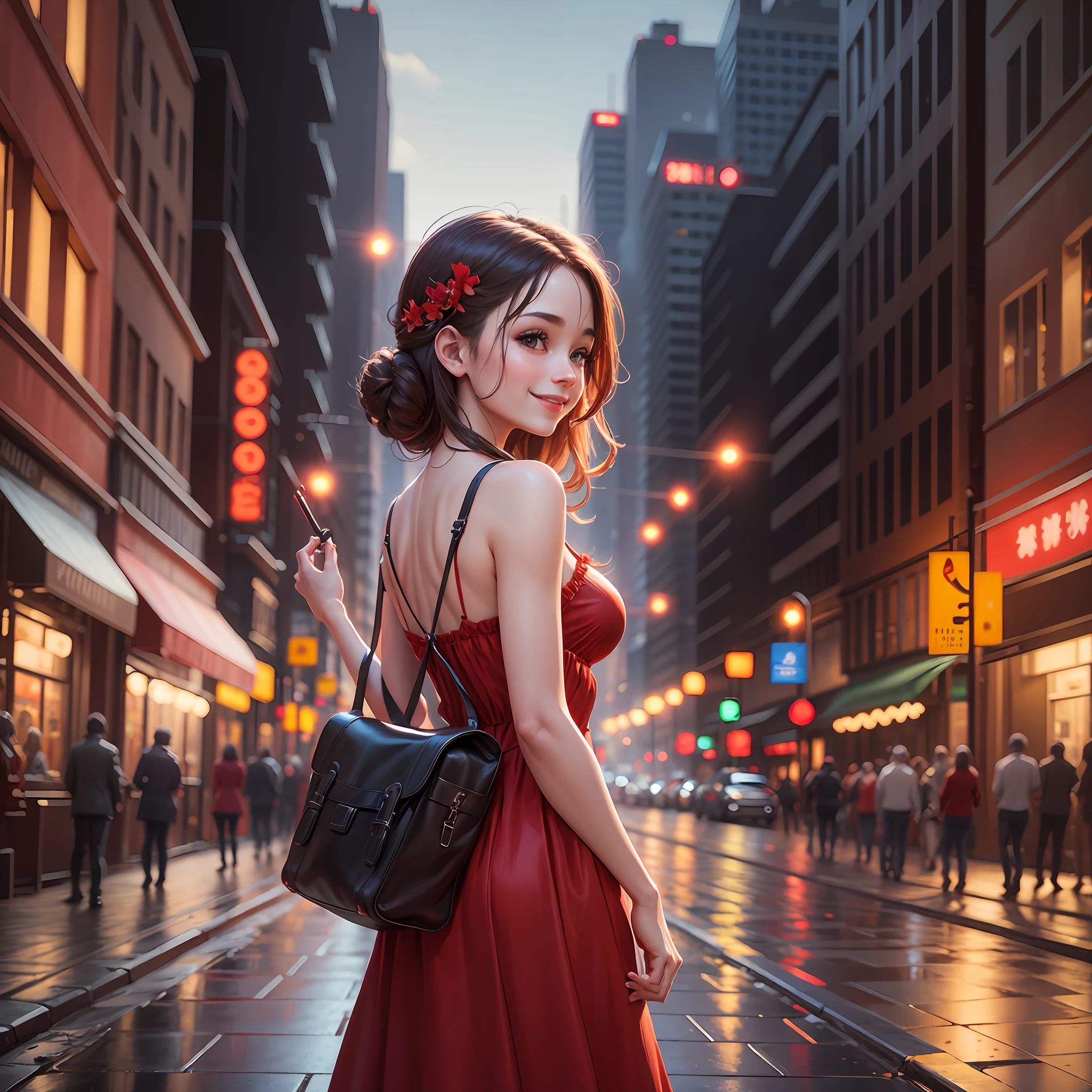 Wearing a red dress, smiling back, lights, street background, close-up --ar 1:1 --beauty --auto --s2