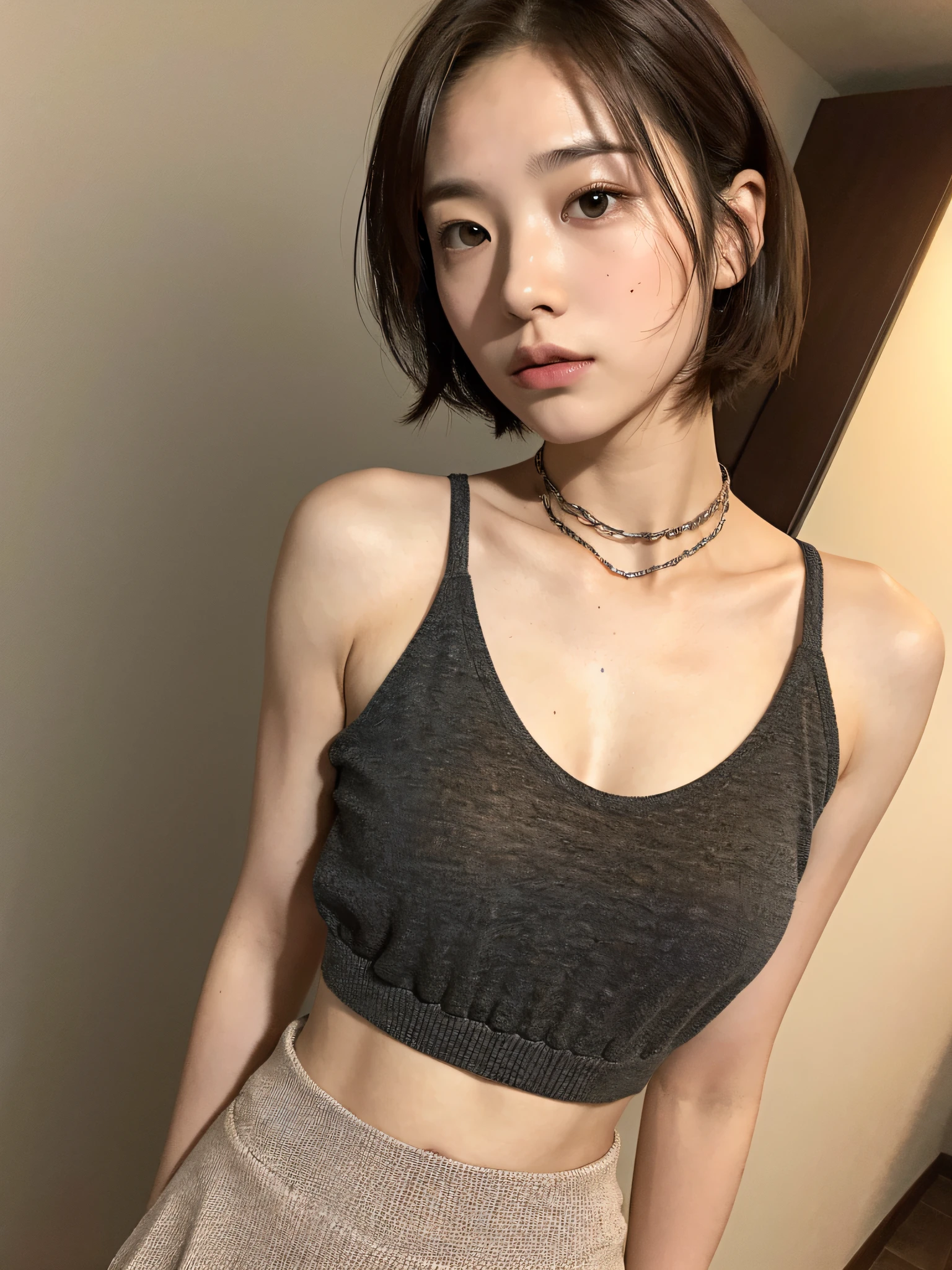 ((Middle breast, tomboy, head is small)), Nikko, Nikko, (Chiseled abs: 1.1), (Perfect body: 1.1), Short hair, Reddish brown hair, Collar, Chain, Full body shot, Kyoto, Tank Top, ((Mini skirt)), (Highly detailed CG 8k wallpaper), (Very delicate and beautiful), (Masterpiece), (Best Quality: 1.0), (Ultra High Definition: 1.0), Beautiful lighting, perfect lightning, Realistic shadows, [High Resolution], Detailed Skin, Super Detail, (embarrassing awkward look), bust top over clothes,