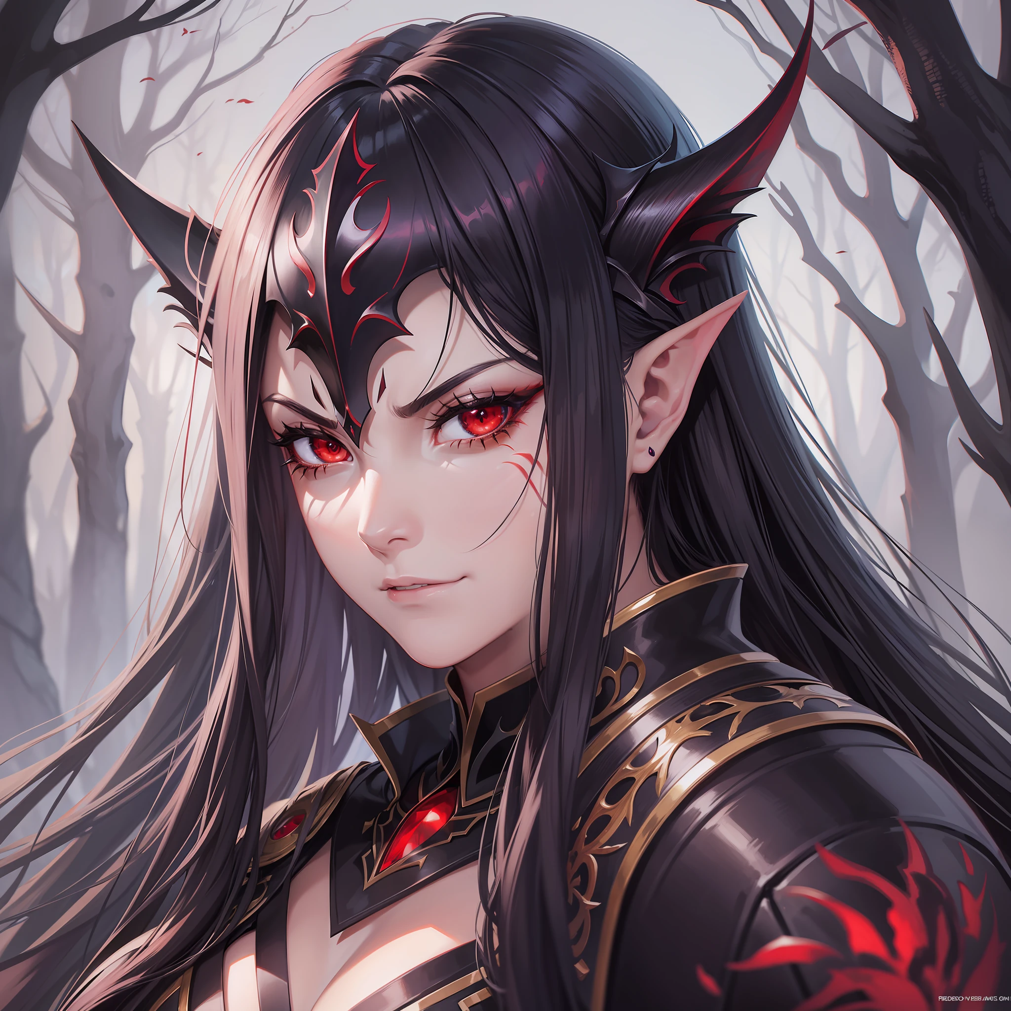 anime fantasy, dark elf women, warrior, dark forest, long dark hair, red eyes, smirk on face, angry looking face, face close up, portrait, HD, high quality