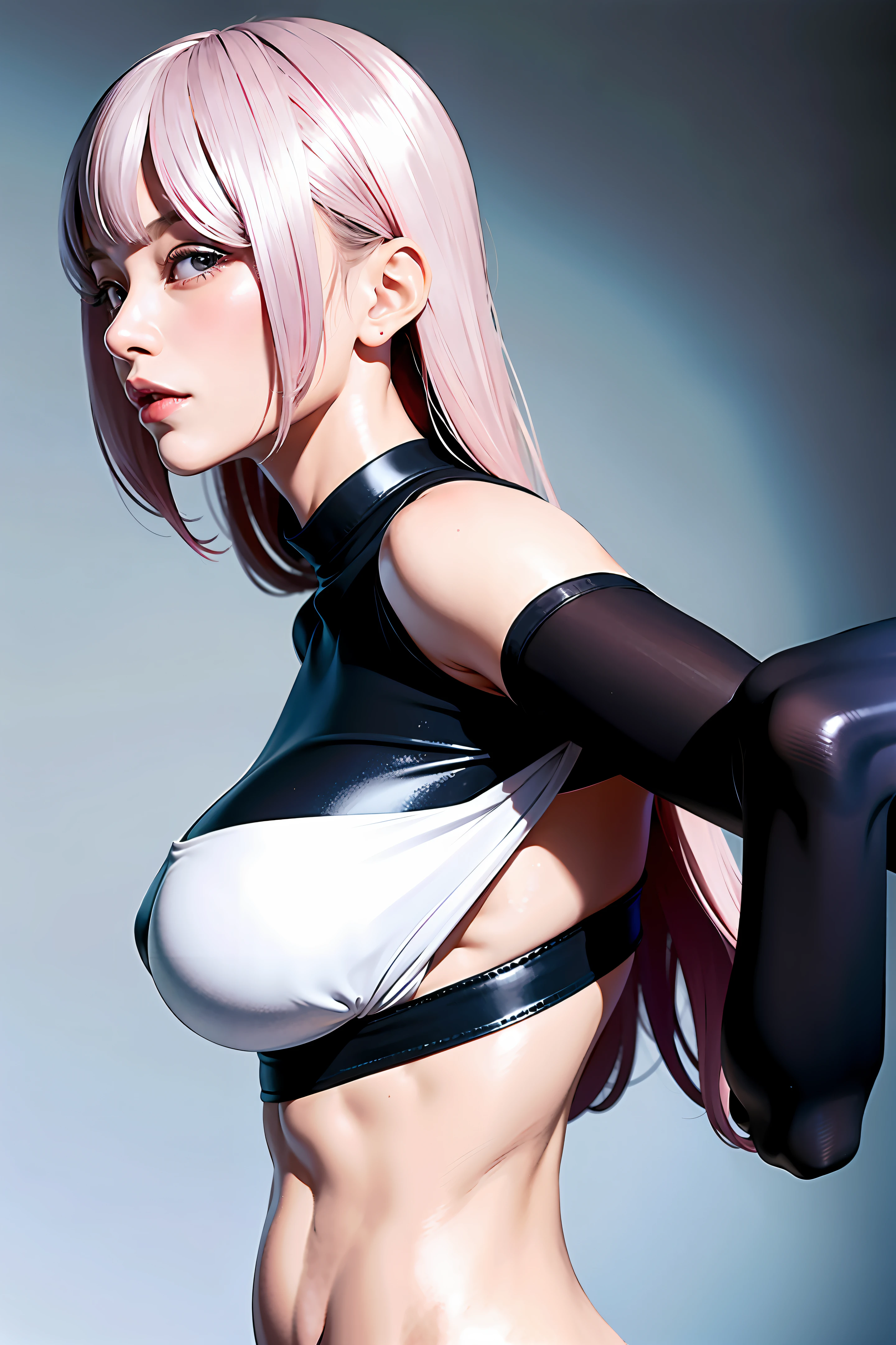 30 years old asian woman long straight pink hair big tits wearing black crop top and white leggings, ripped abs and toned muscles