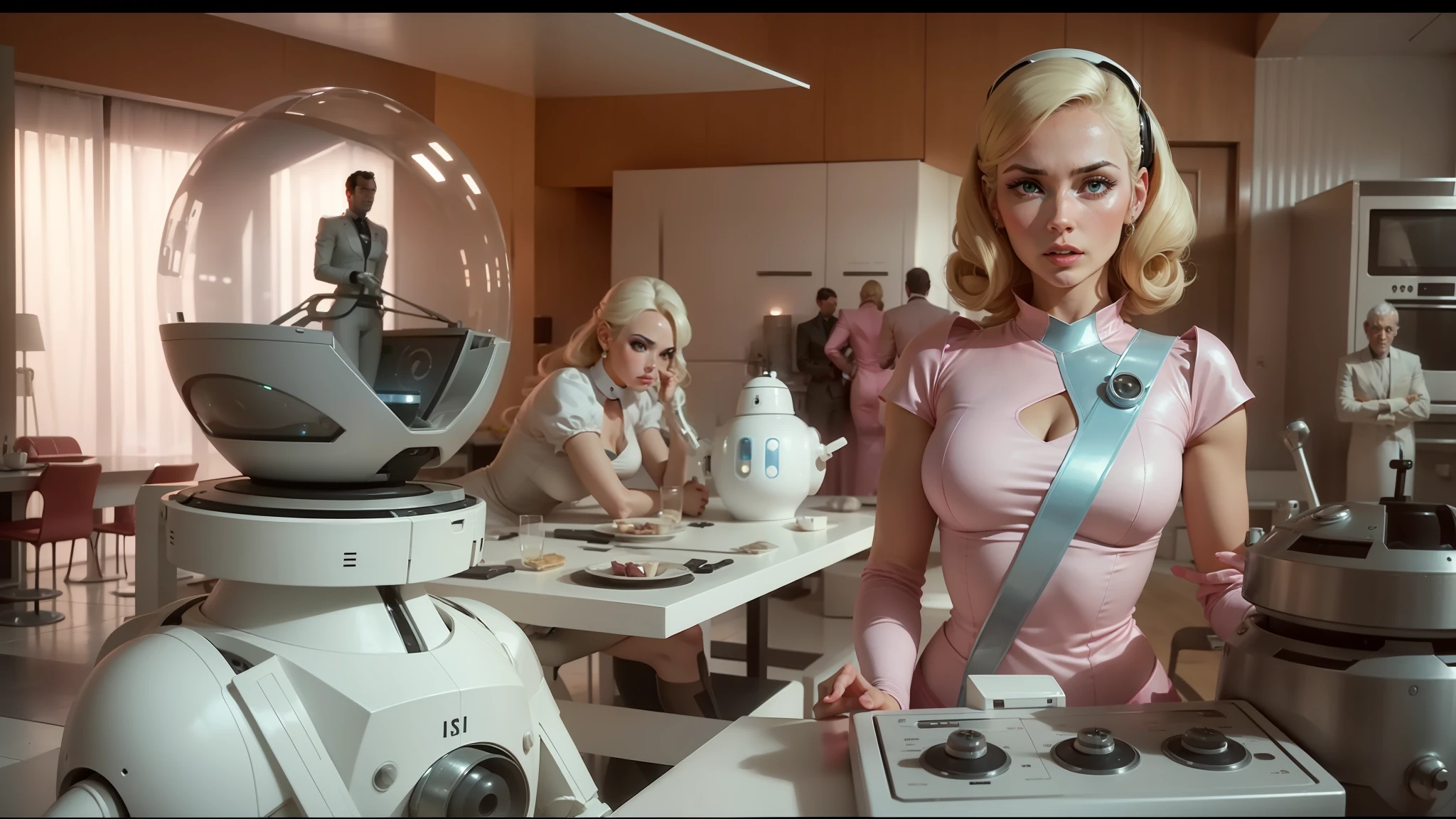 arafed woman in a pink dress standing next to a robot, still frame from a movie, man from uncle, server in the middle, futuristic white-space-bikini, avant designer uniform, barbarella, the ringles, kitchen table, thunderbirds, sixties pinup, cloning spell --auto --s2