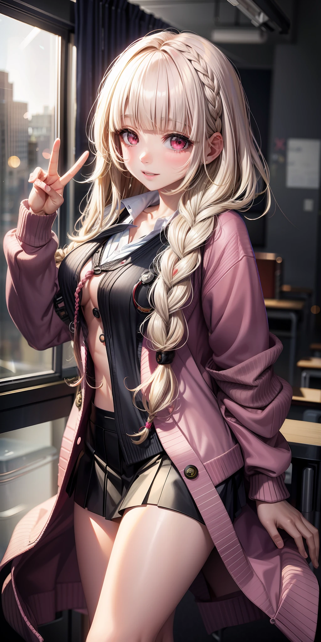 (((anime))), ((animated)), (GAL), medium hair, (braid hair:1.3), (blunt bangs:1.2),two-tone hair, blonde hair, (pink hair), round face, red eyes, (drooping eyes), (((tareme))),Pink Lip,piercing,necklace,[black skin], light smile, ((((cute)))), beautiful, 1 girl, solo, (cardigan:1.4), [cleavage cutout],peace sign,beautiful background,(classroom:1.5),morning,sunlight,backlighting,masterpiece,best quality,exquisite,8k,absurdres,super fine illustration,(looking at viewer),