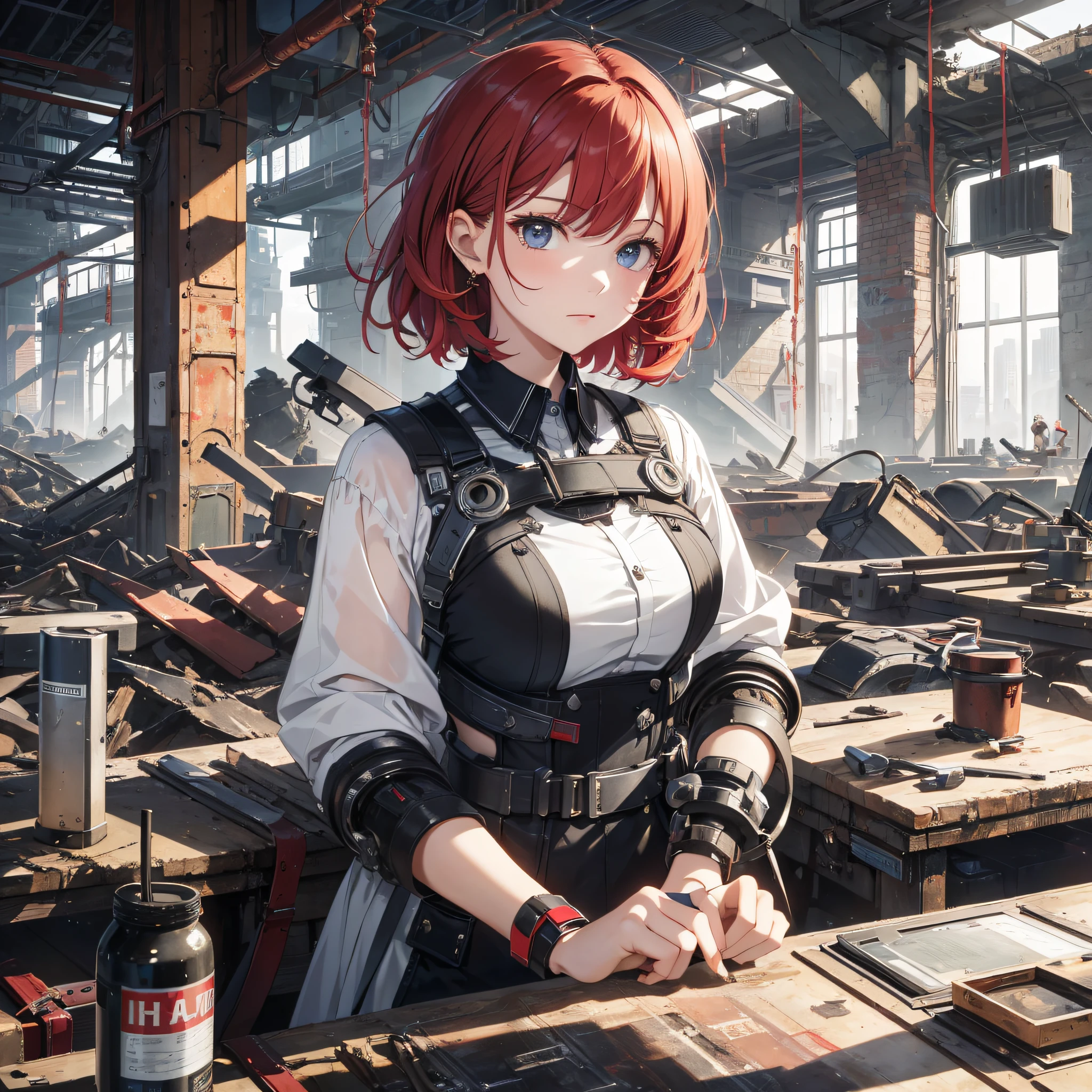 Absurd resolution, high resolution, (masterpiece: 1.4), hyper-detail, inside an abandoned factory, ung woman, short red hair, fashion clothes, rich princess, very strange expressions, high-tech workbench, tech-sense screen, a lot of tech robotic arms