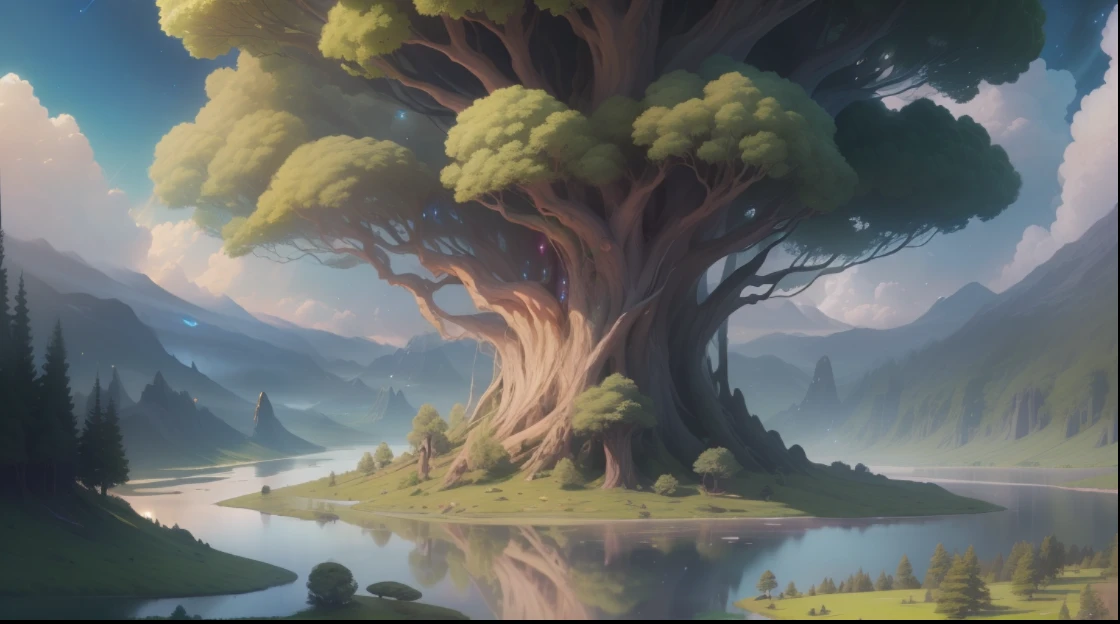 Illustration of a surreal, otherworldly, hyper sky scene including a giant crystal tree full body, highly detailed and magical lighting, intricate forest details, vegetation and surrounding river, solar punk, landscape, giant tree , beautiful green leaves, beautiful lighting and realistic proportions, as if this is a movie background, 8k, highest quality, masterpiece, clouds and stars in the sky.