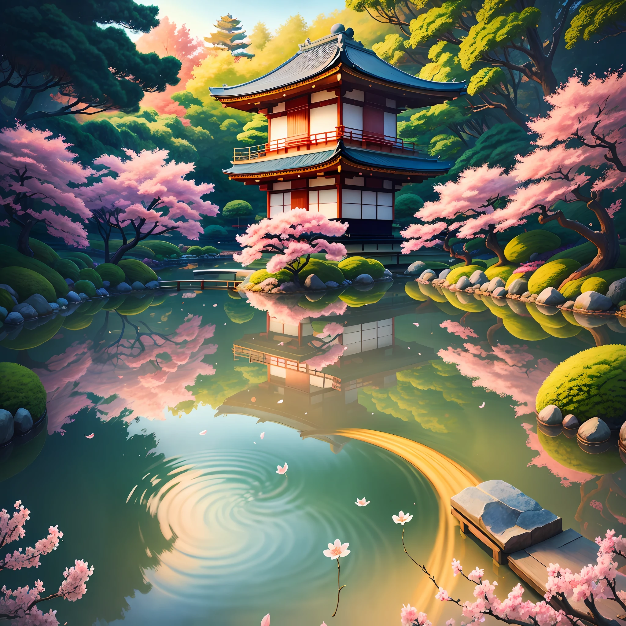 (digital painting),(best quality), serene Japanese garden, cherry blossoms in full bloom, koi pond, footbridge, pagoda, Ukiyo-e art style, Hokusai inspiration, Deviant Art popular, 8k ultra-realistic, pastel color scheme, soft lighting, golden hour, tranquil atmosphere, landscape orientation