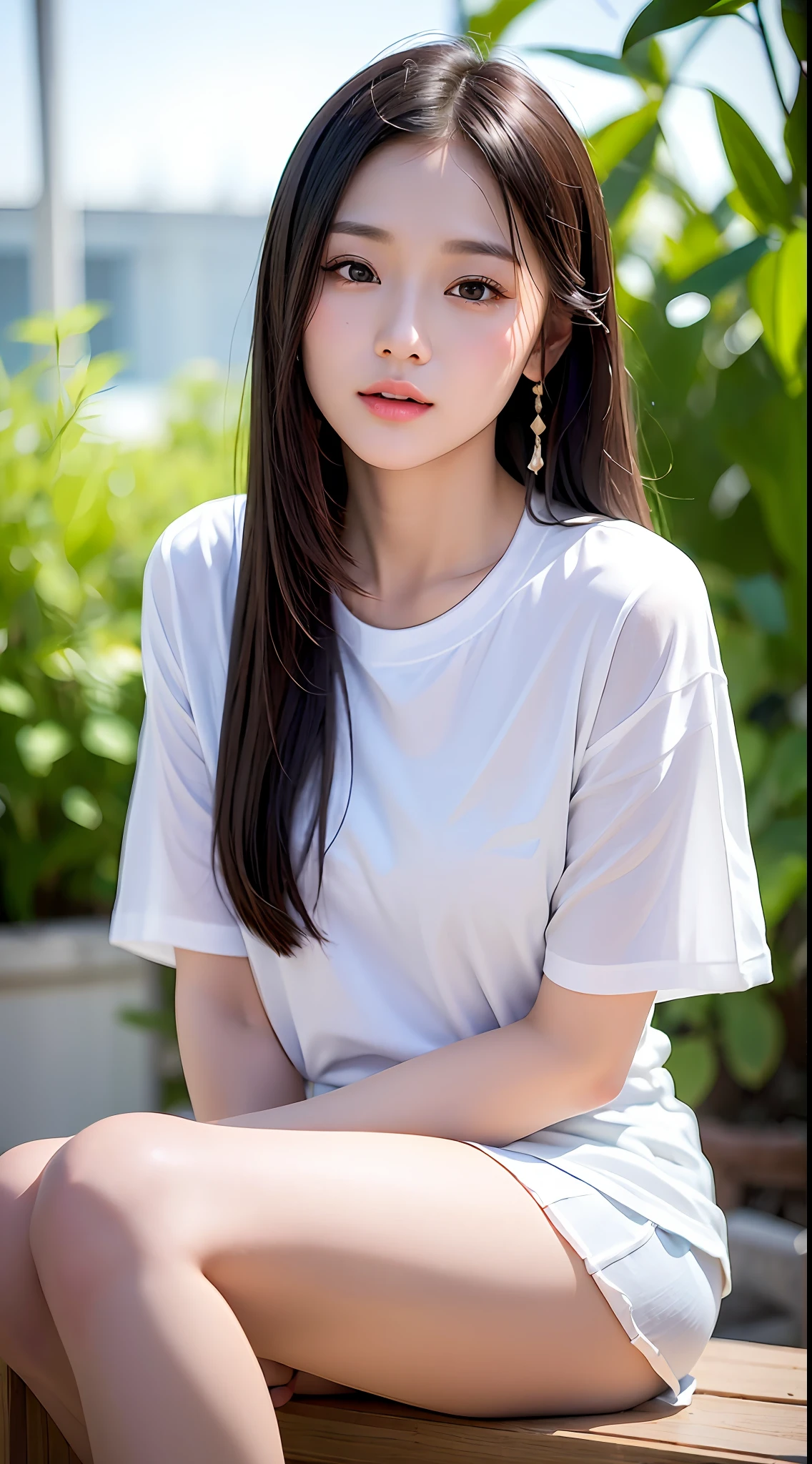 (yinchuan:1.5), close-up, masterpiece, best quality, raw photo, photorealistic, big, beautiful face, girl with soft smile, cute, white t-shirt, mini skirt, beautiful long legs, middle hair depth of field, high resolution, ultra detail, fine detail, very detailed, very detailed eyes and face, sharp pupils, realistic pupils,